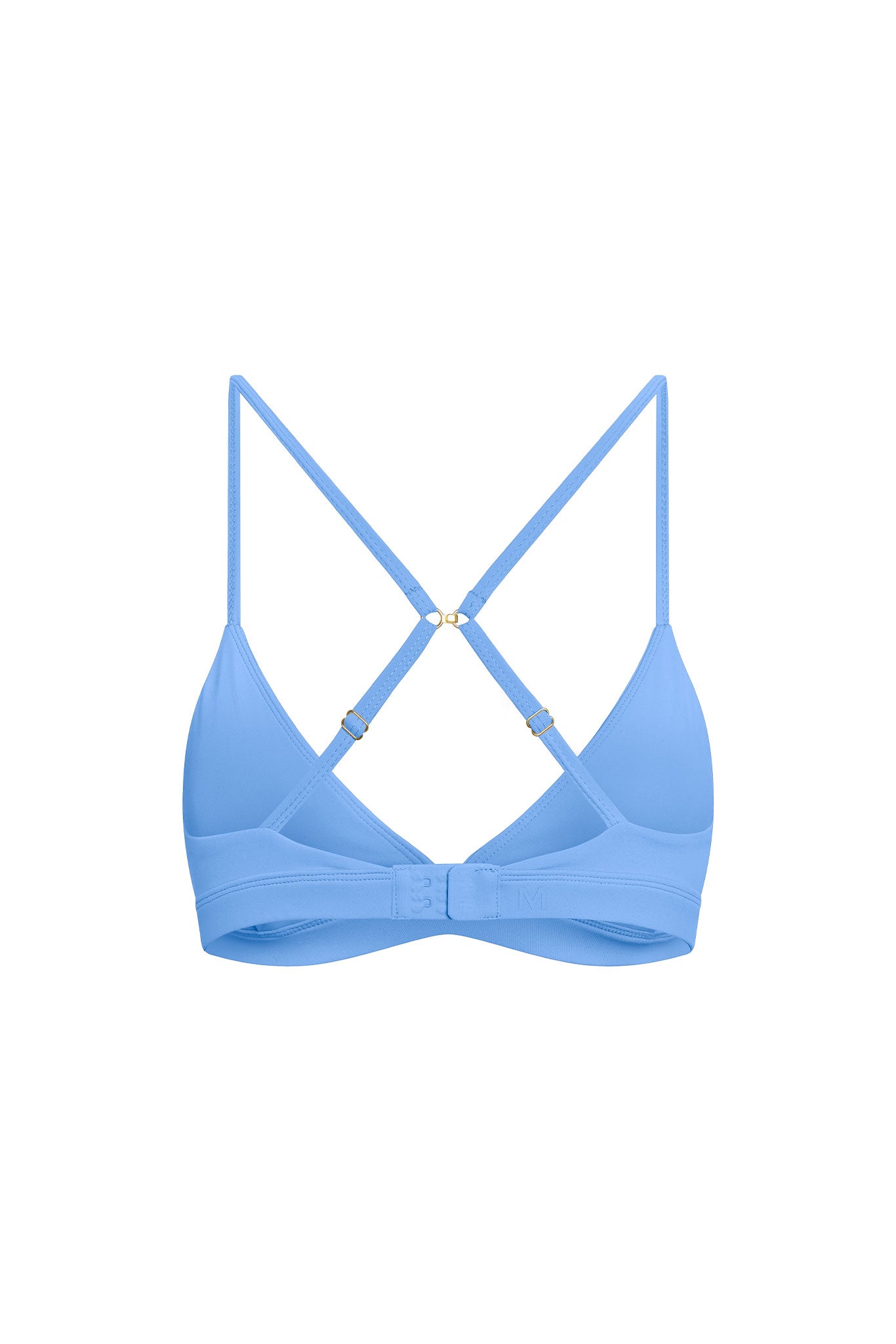 Light blue wireless bralette with crossed adjustable straps and two-row hook-and-eye back closure