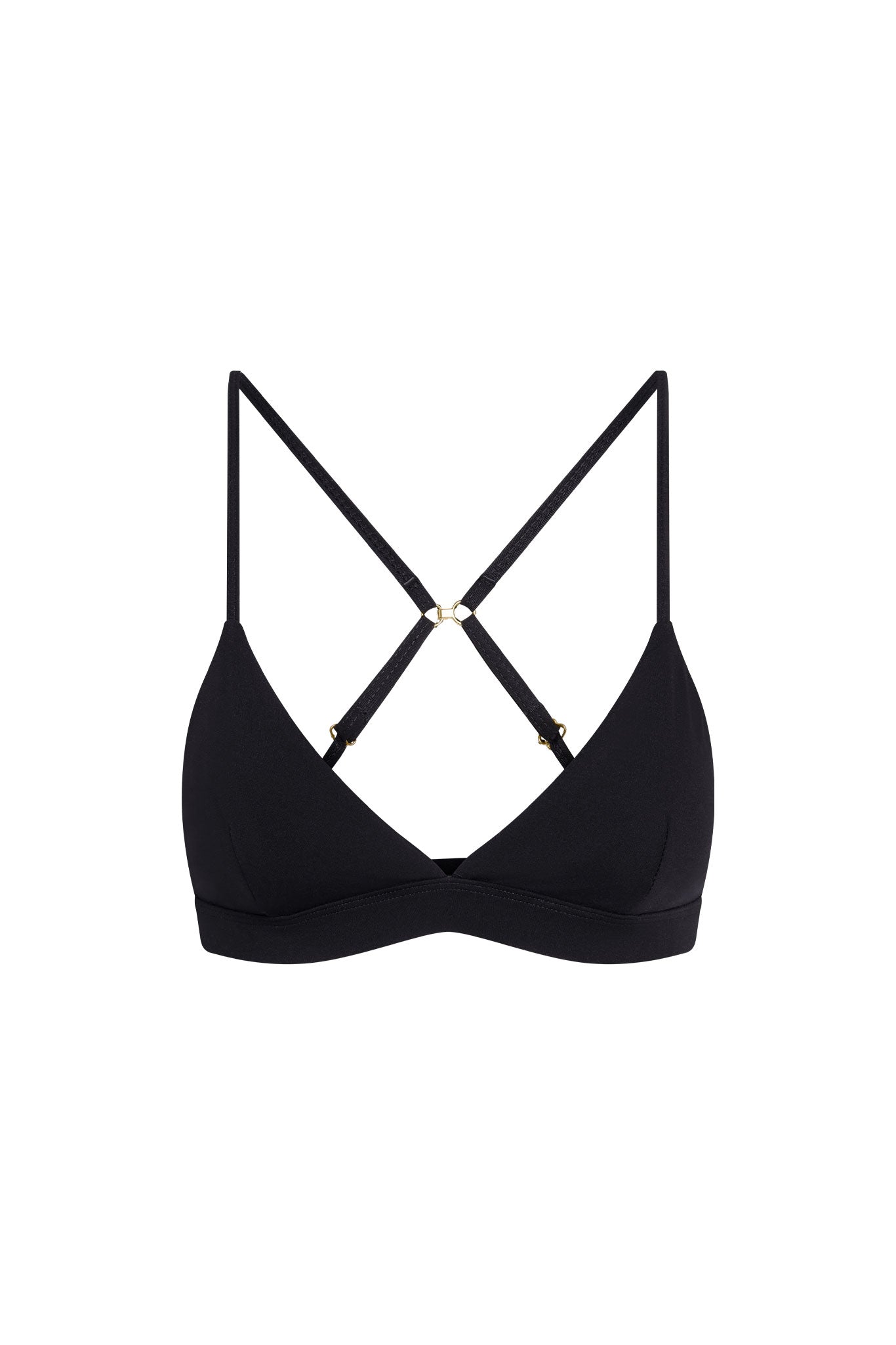Black wireless bralette with triangular cups and crossed adjustable back straps joined by a small gold ring