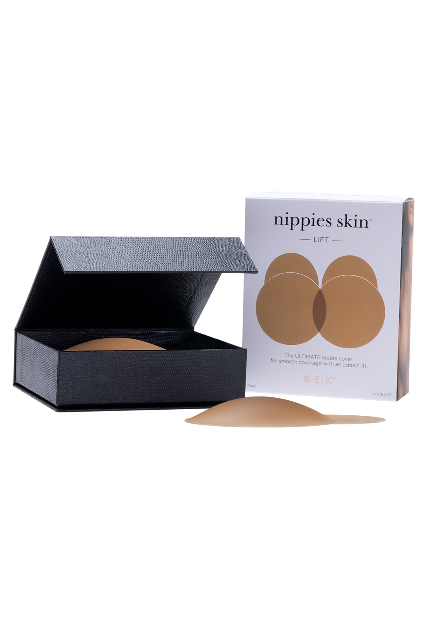 Packaged nippies skin LIFT nipple covers; The ULTIMATE nipple cover for smooth coverage with an added lift; B-SIX ADHESIVE