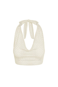 Front view of Bula Cowl Neck Top in ivory lace crochet showcasing cowl neckline and adjustable neck ties on white background