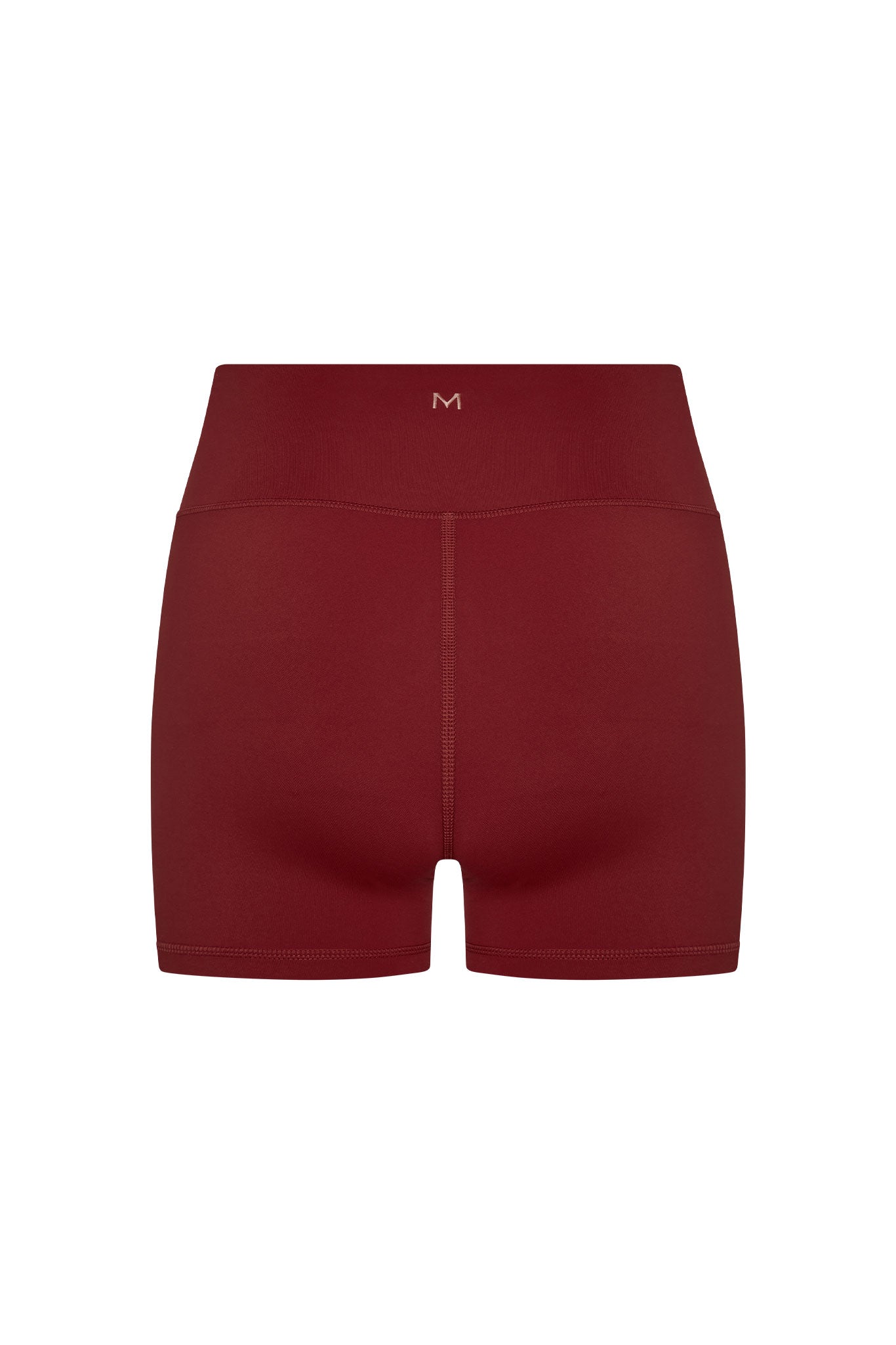 Maroon high-rise athletic bike shorts, back view, small 'M' logo centered on waistband.