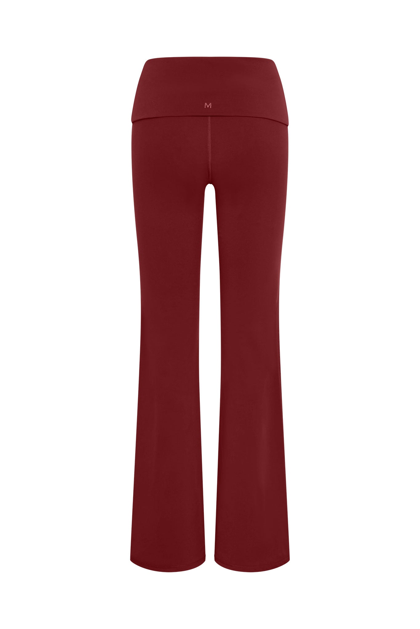 Maroon flared yoga pants, back view, high foldover waistband with small 'M' logo centered above seam.