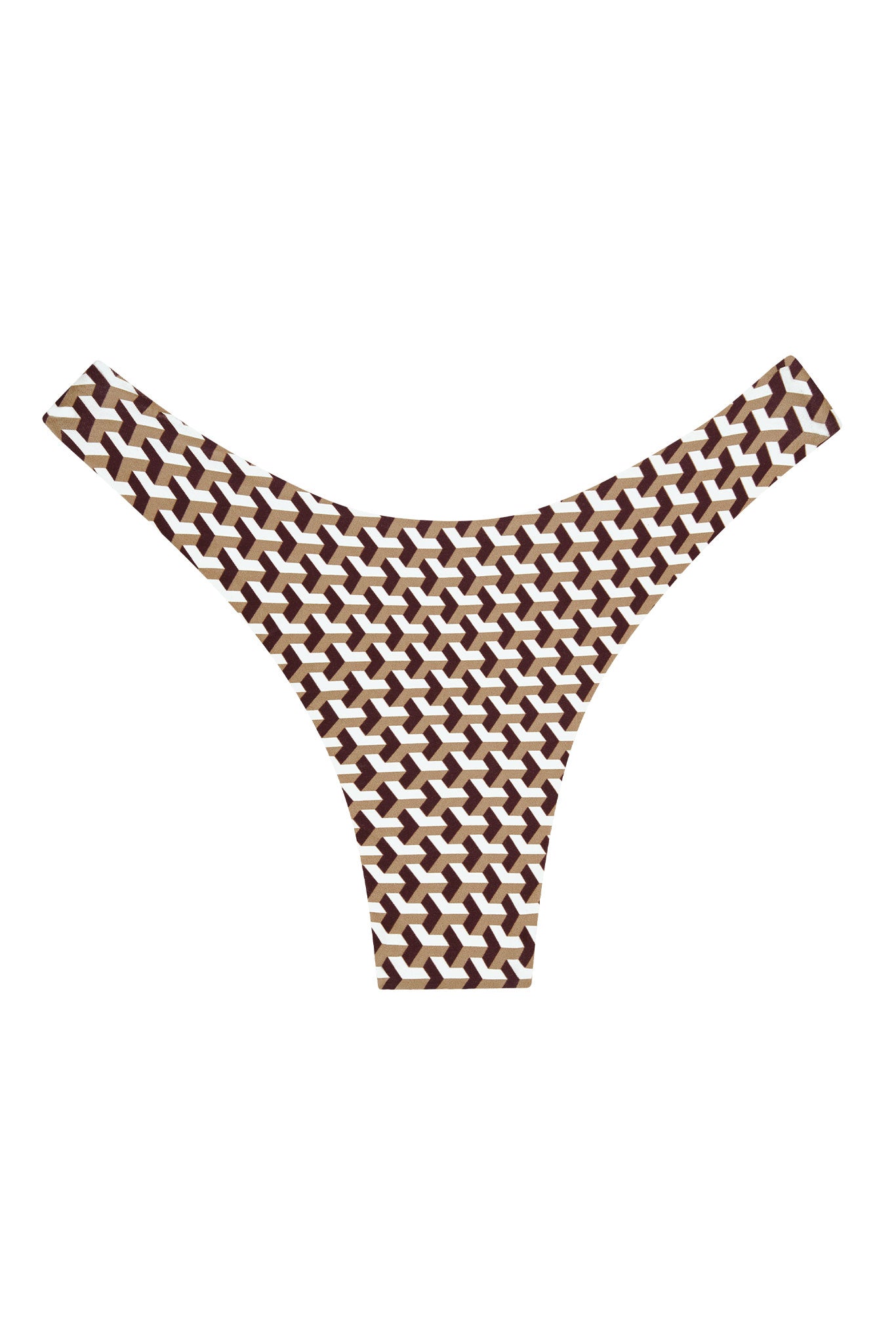 Thong-style bikini bottom with brown, tan, and white interlocking geometric cube pattern on white background.