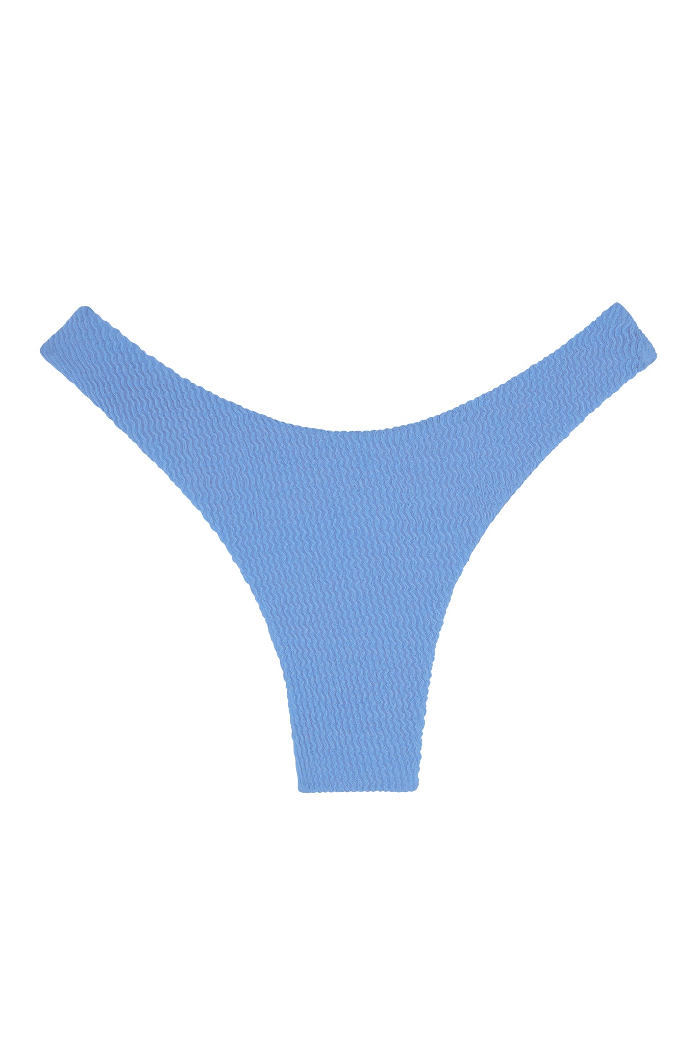 Light blue textured high-cut thong bikini bottom on white background.
