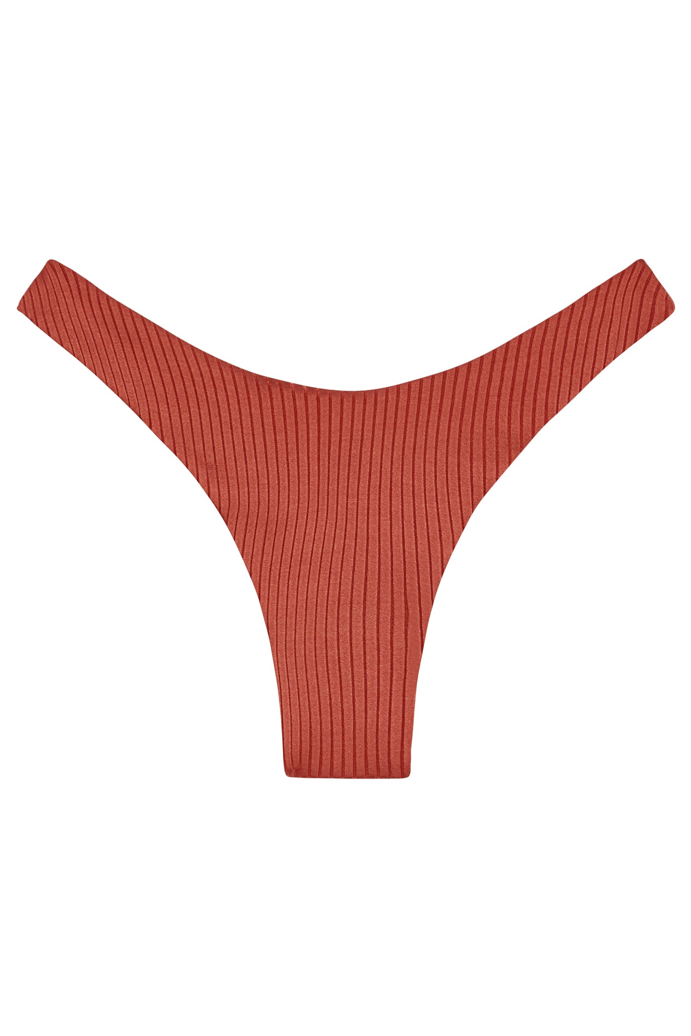 Ribbed rust-red high-cut bikini bottom (thong style) on white background
