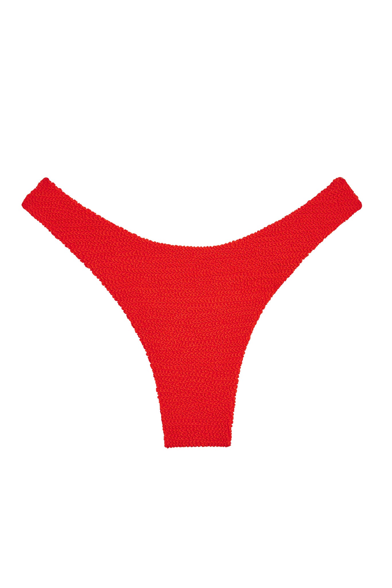 Red textured high-cut women's bikini bottom centered on white background.