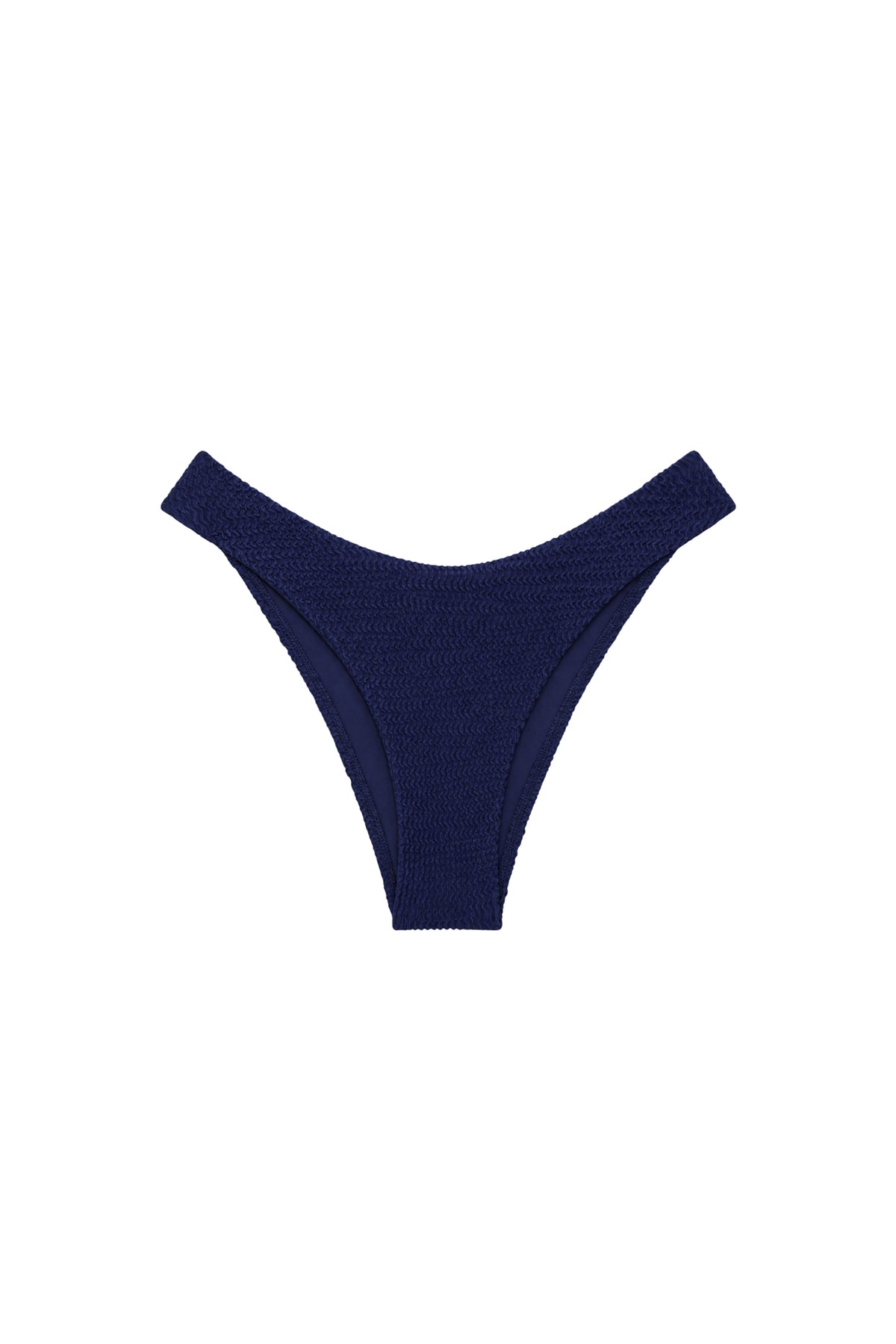 Front view of Byron Bottom in Midnight Crinkle showcasing mid-rise, cheeky coverage and crinkle fabric on white background