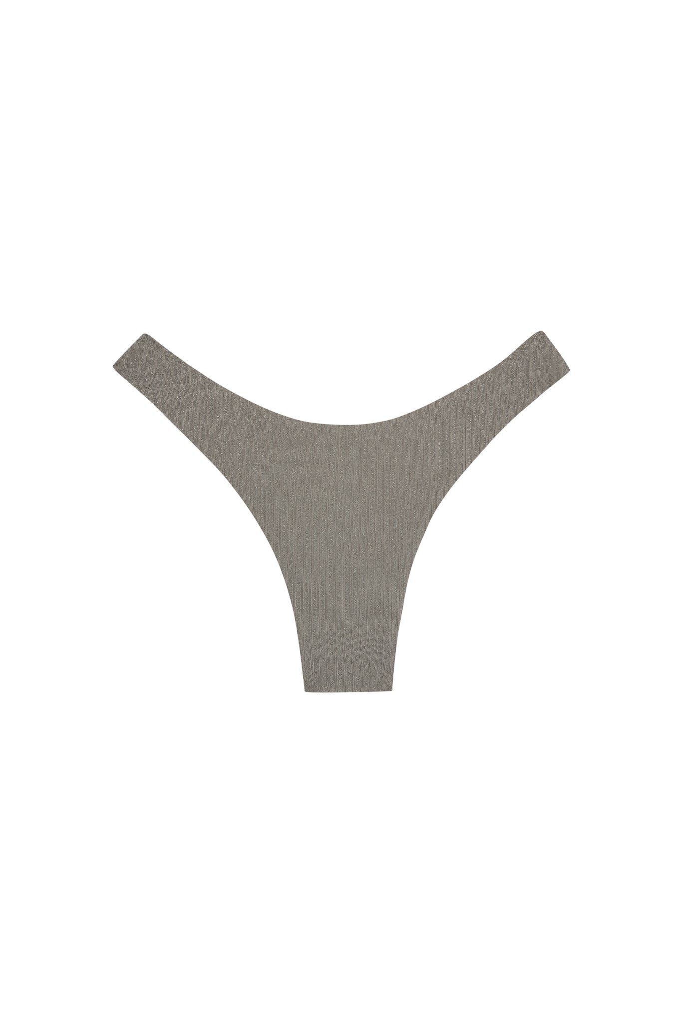 Front view of Byron Bottom in Steel Lurex Rib showing high-cut thong silhouette and ribbed metallic texture on white background