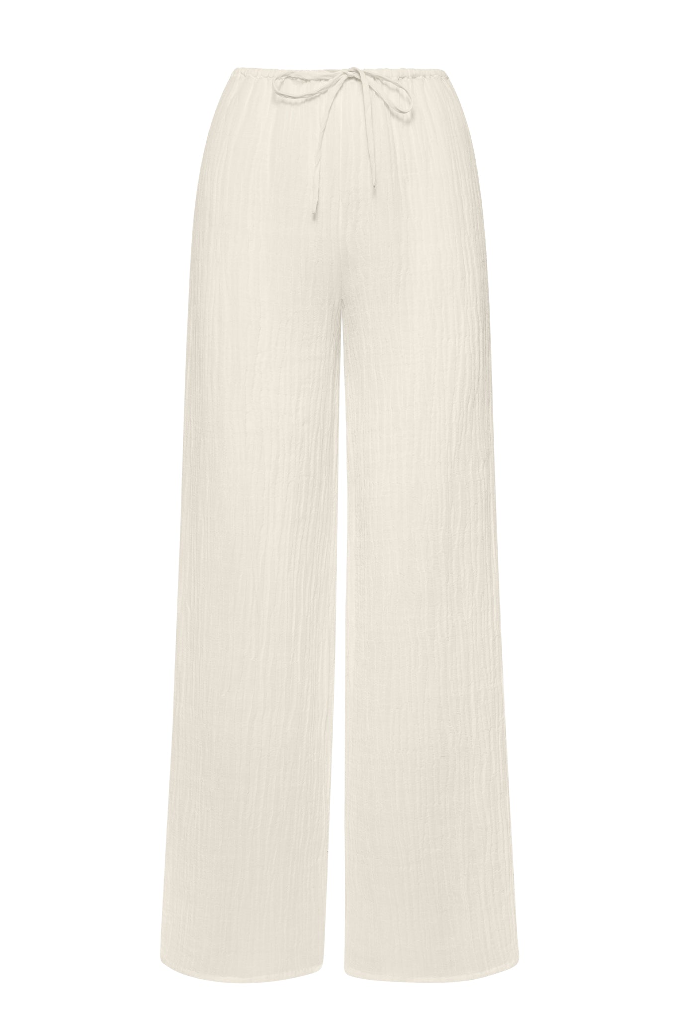 Cream gauze wide-leg pants with elastic drawstring waistband, full-length relaxed fit
