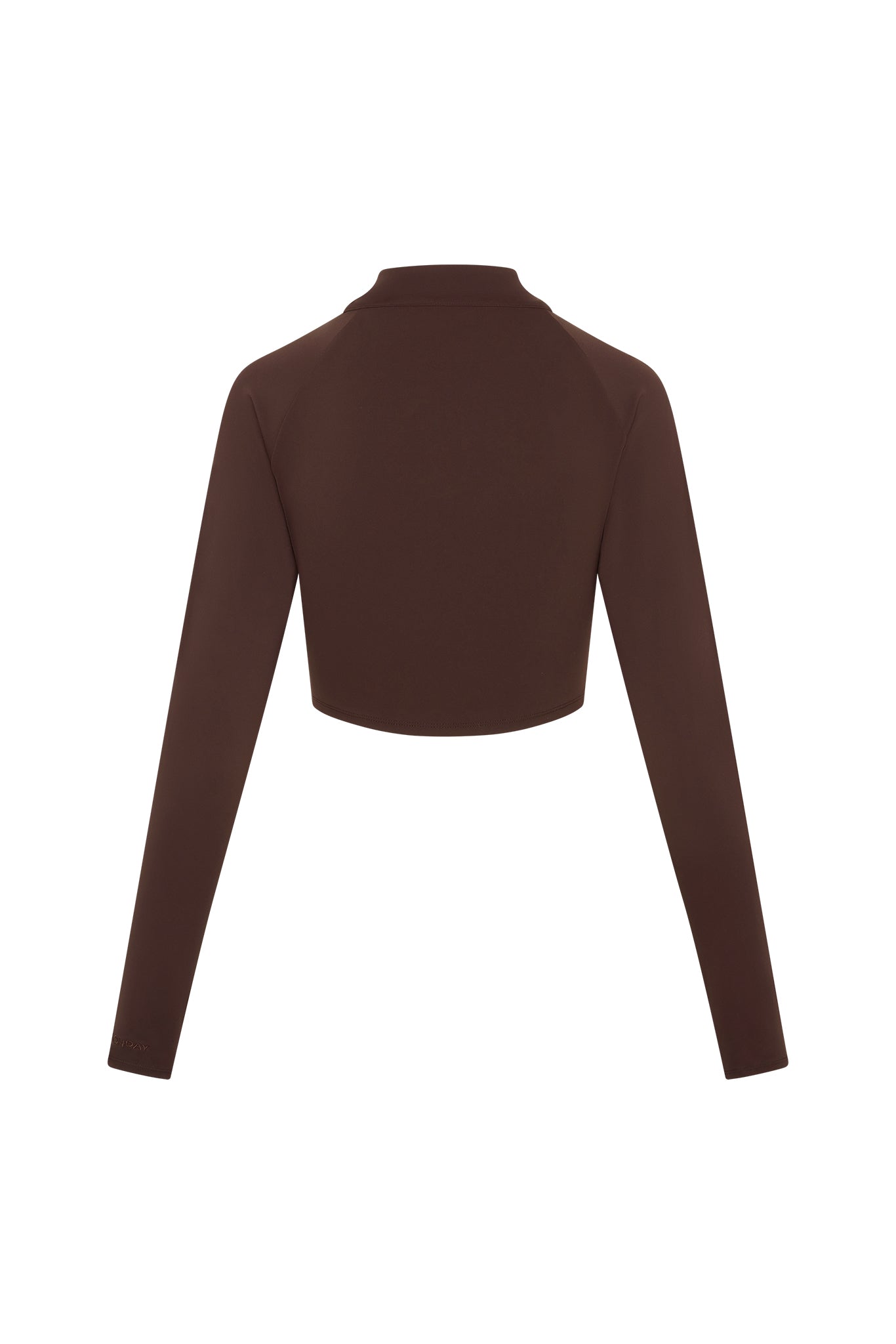 Back view of cropped long-sleeve mock-neck top in chocolate brown