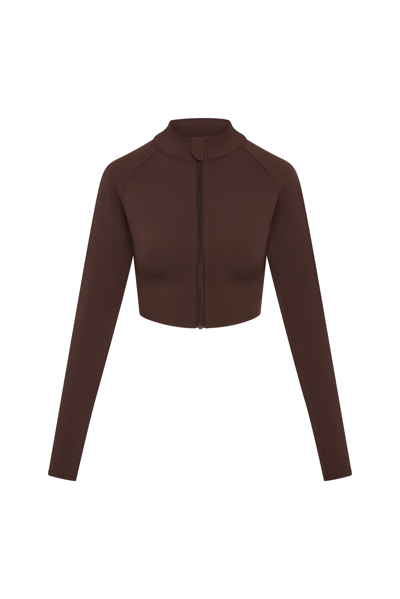 Brown cropped long-sleeve zip-up jacket with mock neck and center-front zipper