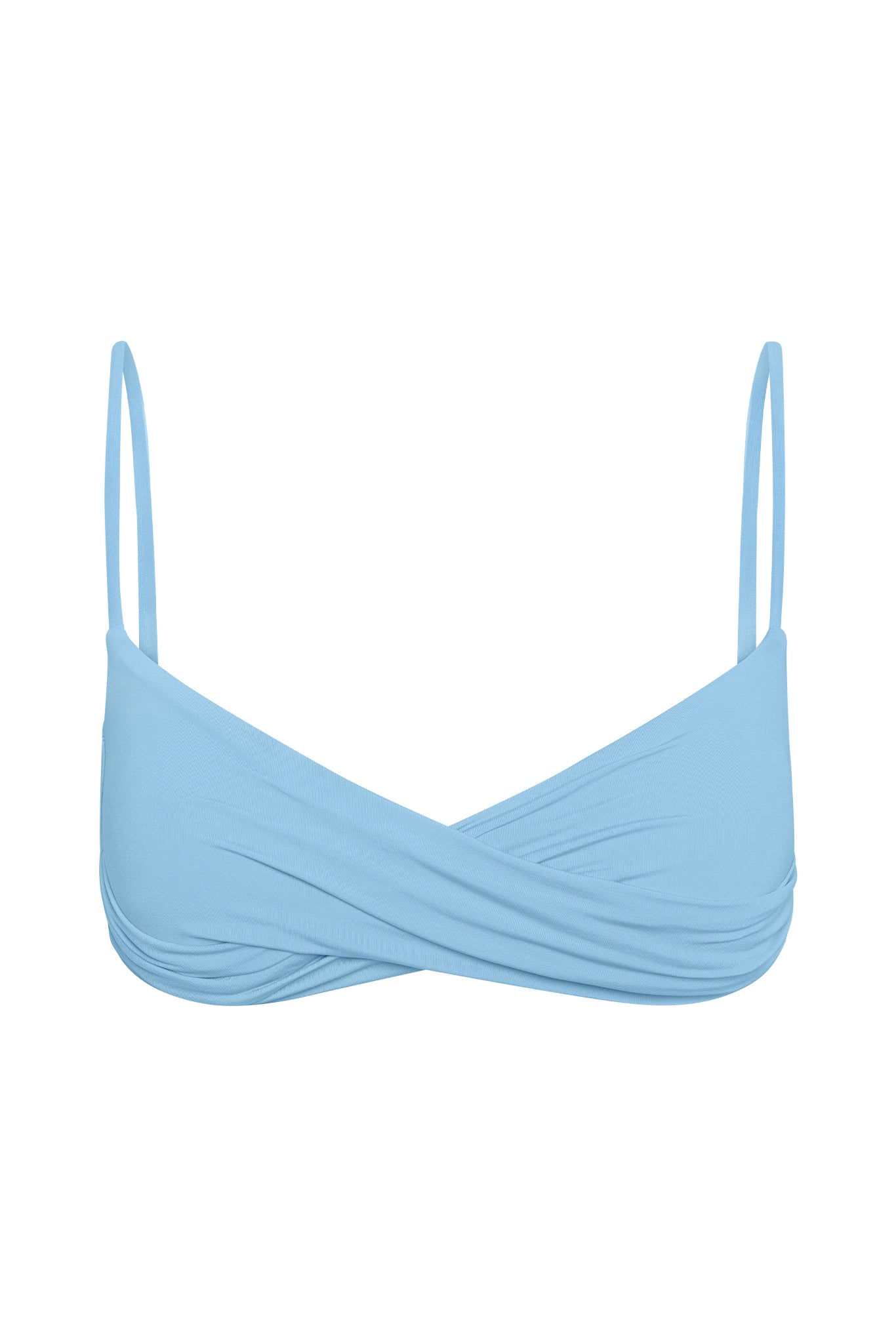 Light blue wrap-front bikini top with thin shoulder straps