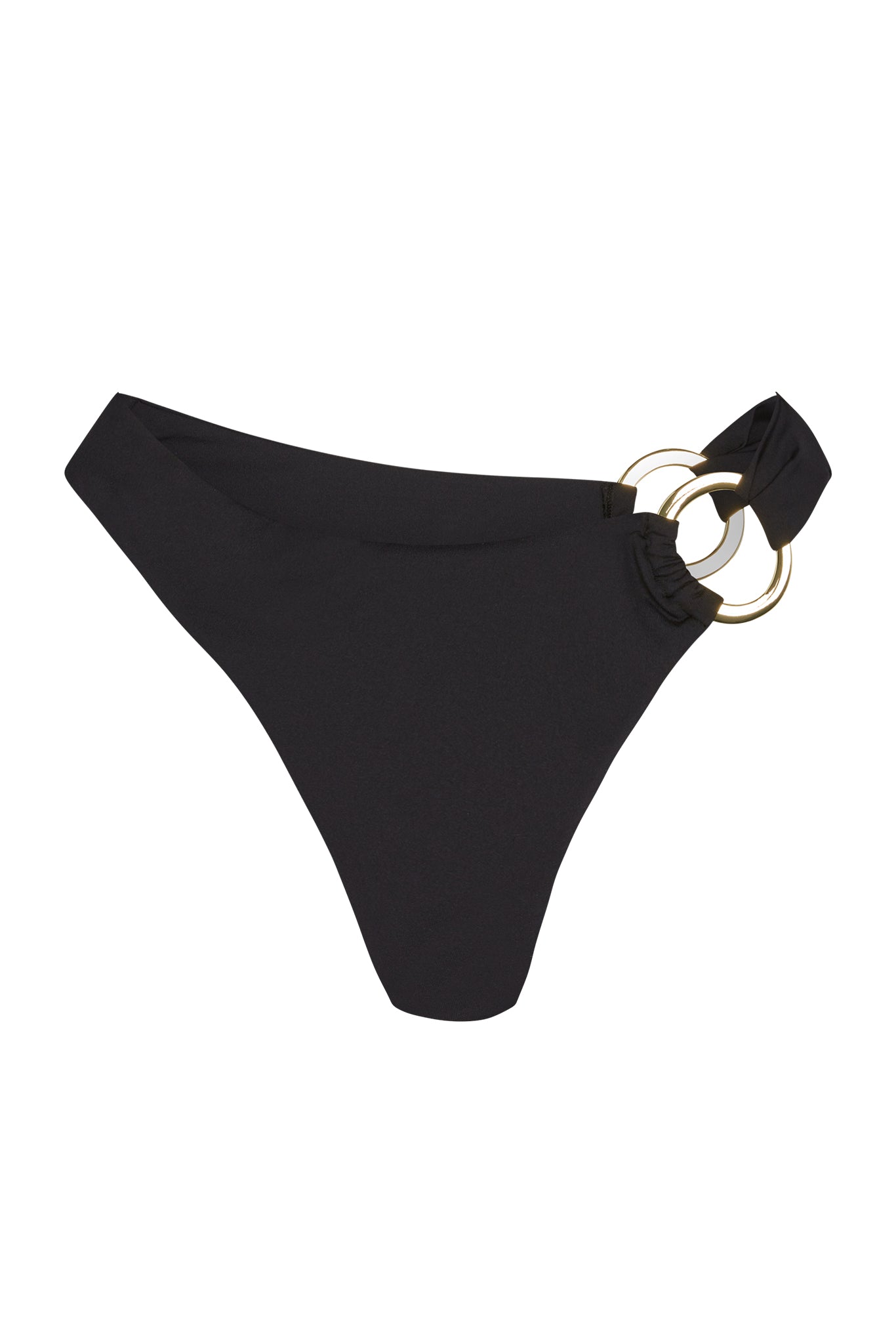 Black high-cut bikini bottom with two gold metal rings on one hip.
