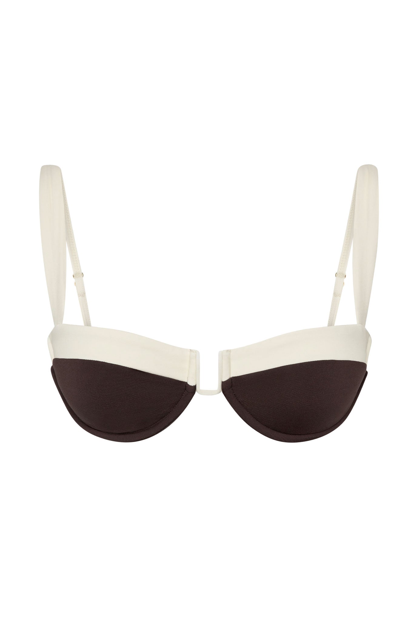 Underwire balconette bra with cream top band, dark brown cups and adjustable cream straps on white background.