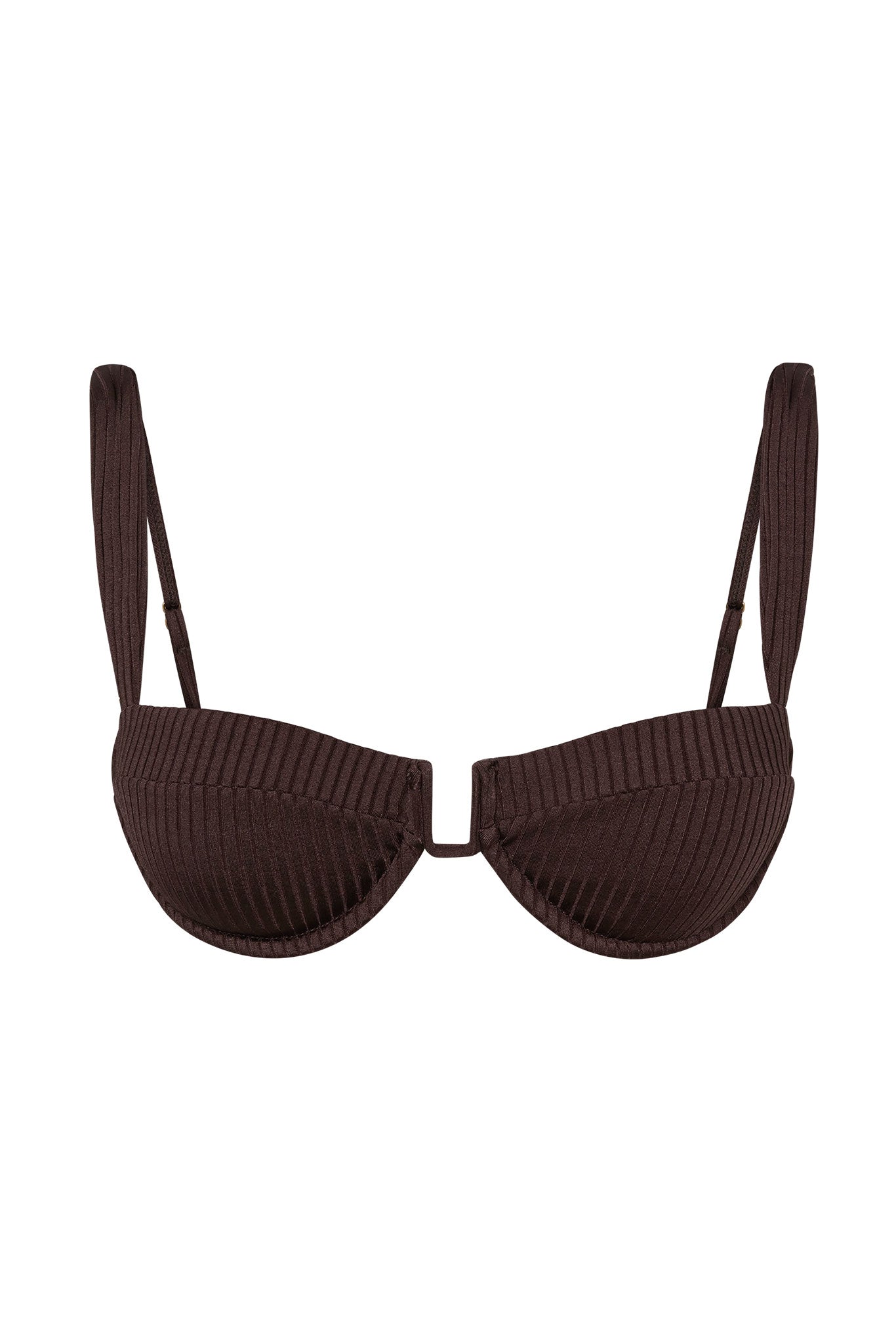 Brown ribbed underwire balconette bra with thin adjustable straps and U-shaped front center