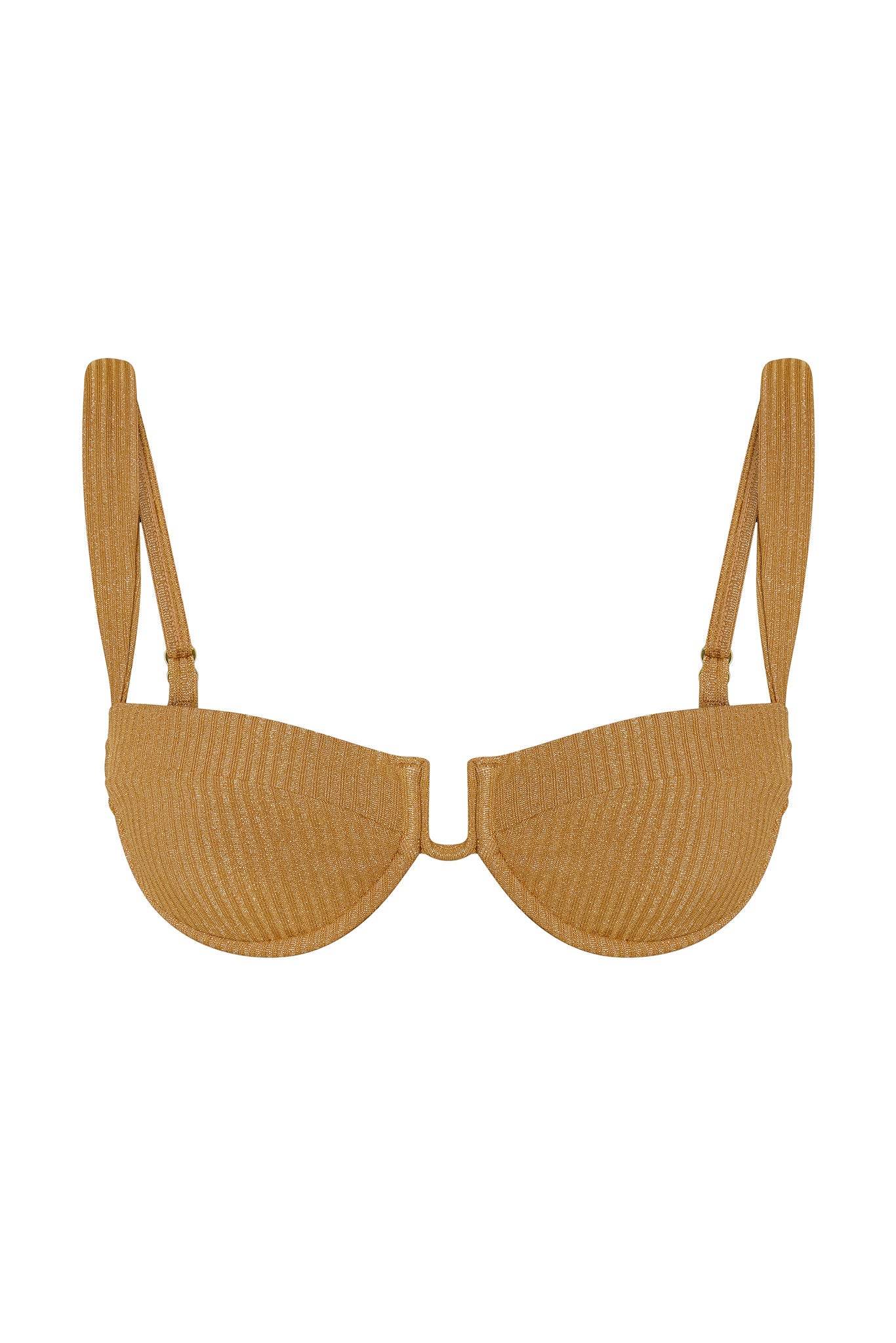 Gold ribbed underwire bikini top with adjustable shoulder straps and U-shaped center bridge.
