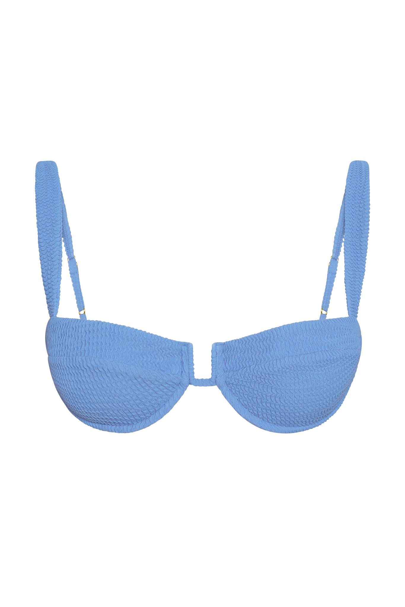 Light blue textured balconette bikini top with adjustable straps and U-shaped center connector.
