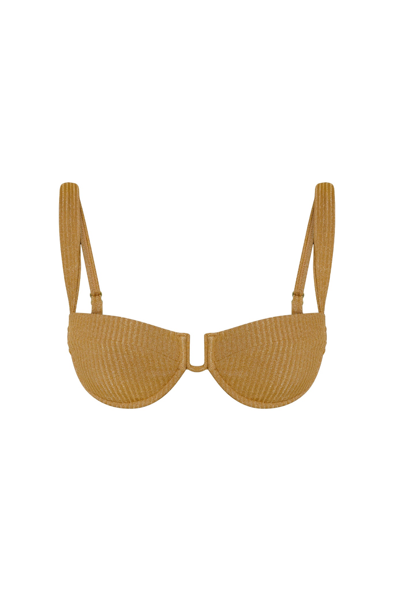 Front view of Cala Roja Top in antique gold lurex rib showing underwire cups, U-shaped center and adjustable straps on white background