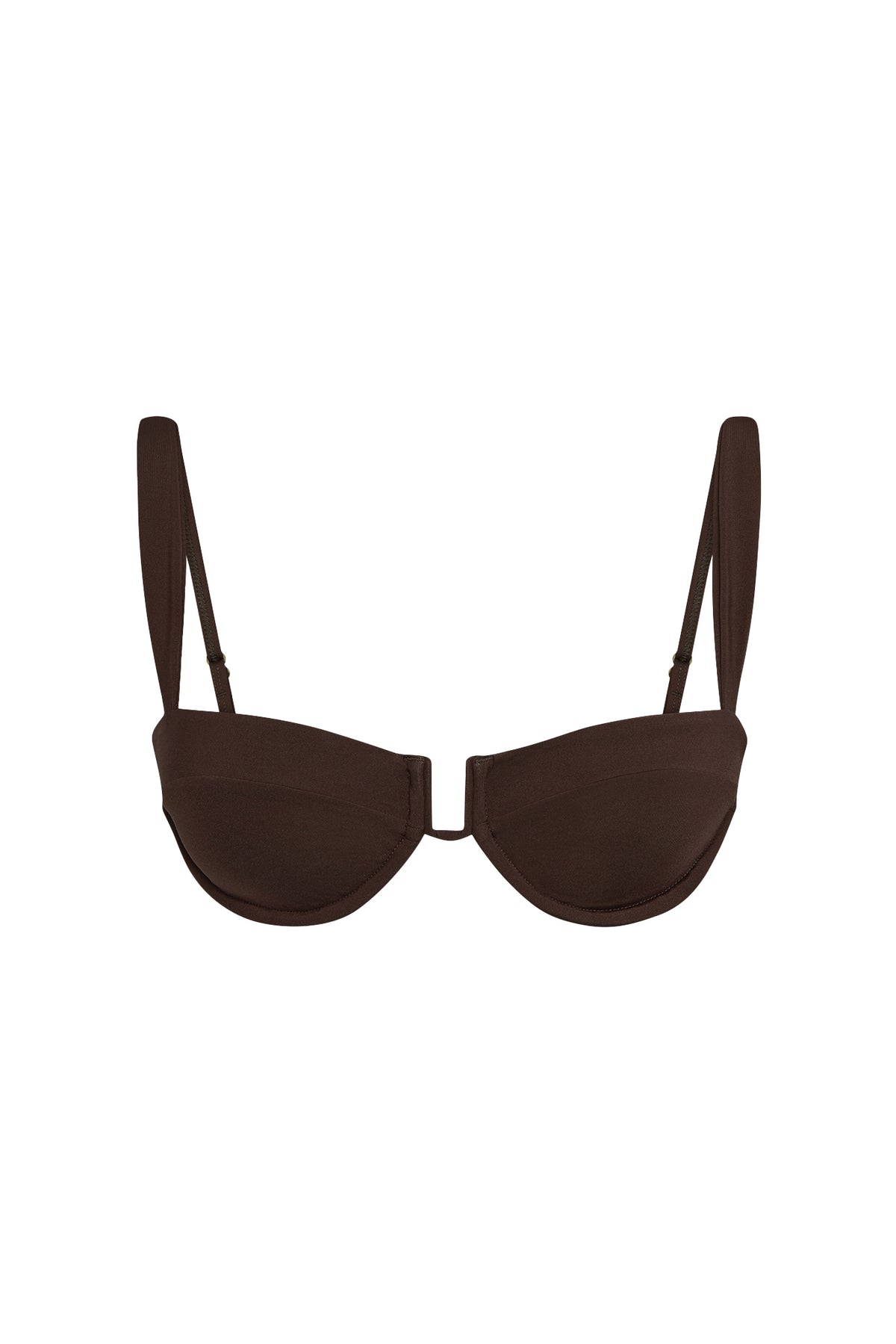 Front view of Cala Roja Top in espresso showcasing underwire cups, soft u-wire detail, and wide shoulder straps against a white background