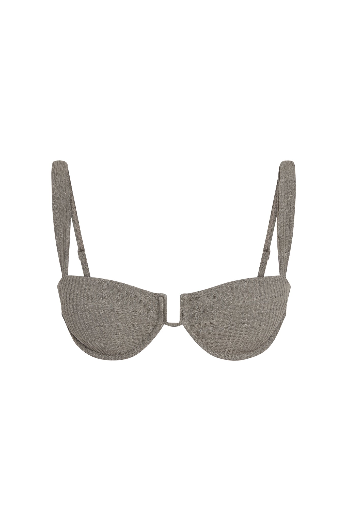 Front view of Cala Roja top in steel lurex rib showing underwire cups, adjustable straps and ribbed metallic fabric
