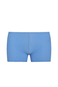 Front view of Cali Shorts in Azure Crinkle showcasing low-rise fit and crinkle texture on white background