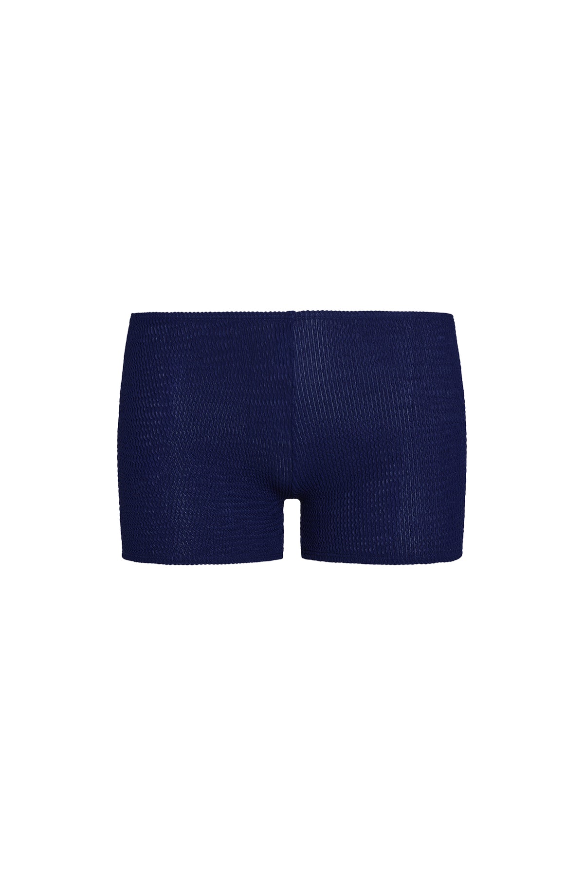Front view of Cali Short in Midnight Crinkle showcasing textured fabric and low-rise design against a white background