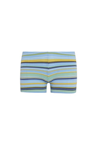 Front of Cali Shorts - Sardinia Stripe Azure showing low-rise pull-on fit and multicolor stripe knit on white background