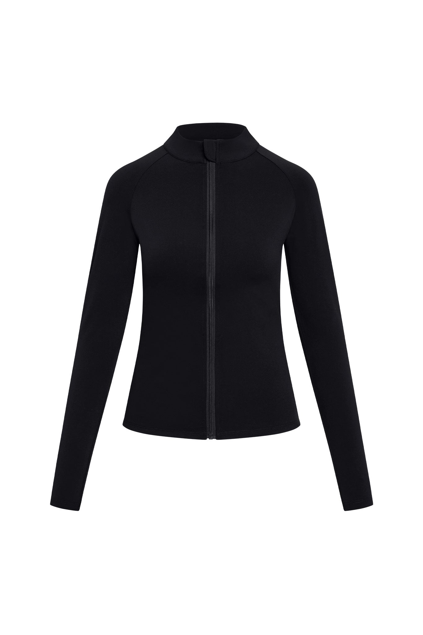 Black women's long-sleeve zip-front jacket with stand collar and fitted waist