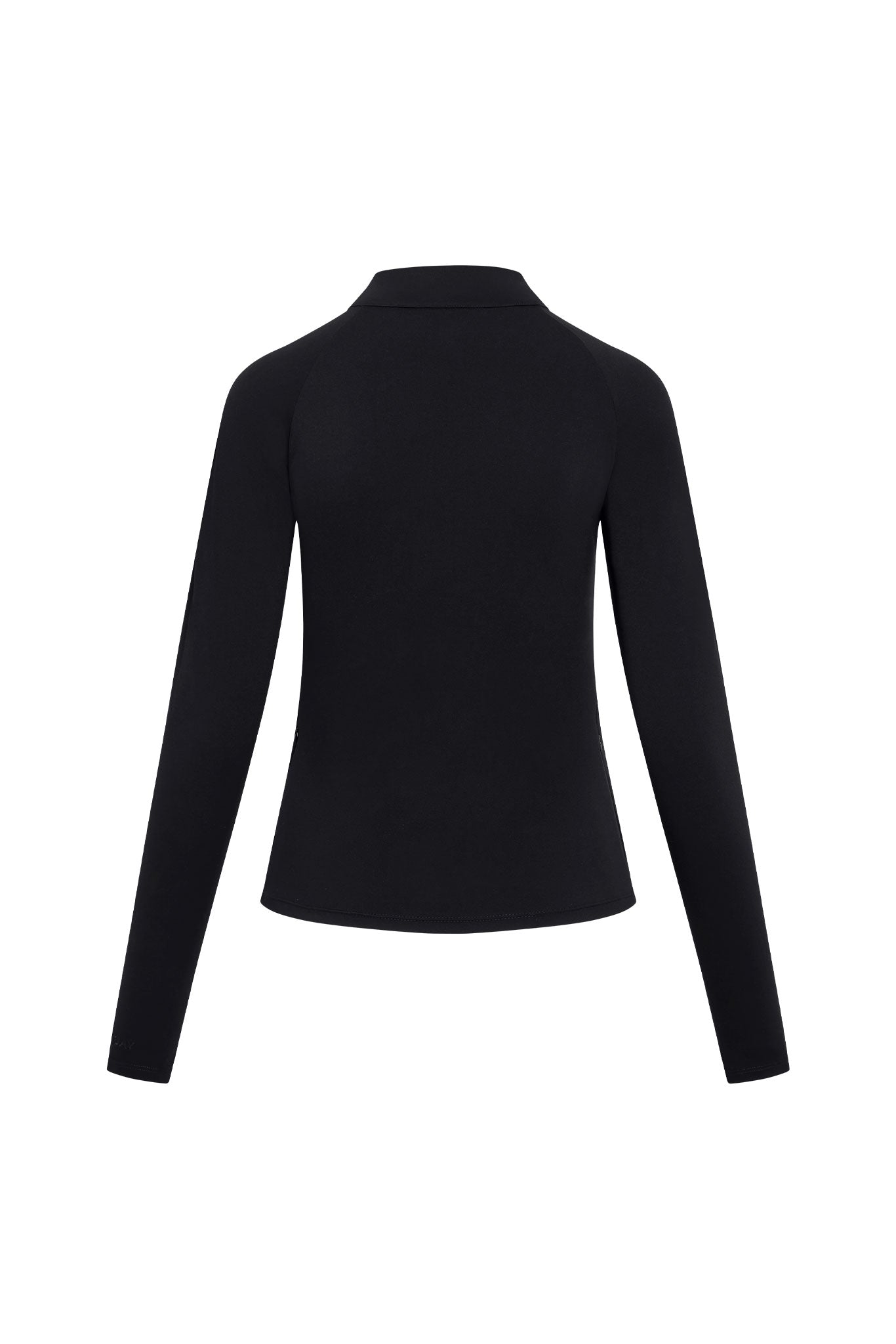 Black long-sleeve fitted jacket, back view, displayed on white background.