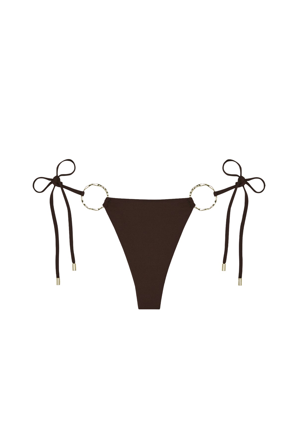 Front view of Cannes Bottom - Espresso showcasing adjustable side ties and gold ring details on a white background