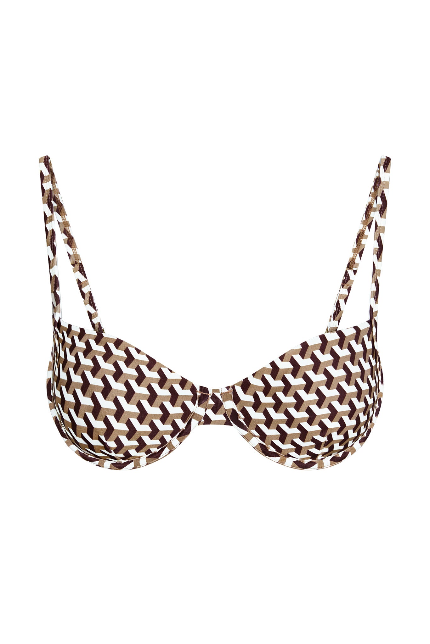 Brown and white geometric-print underwire bikini top with thin adjustable shoulder straps.