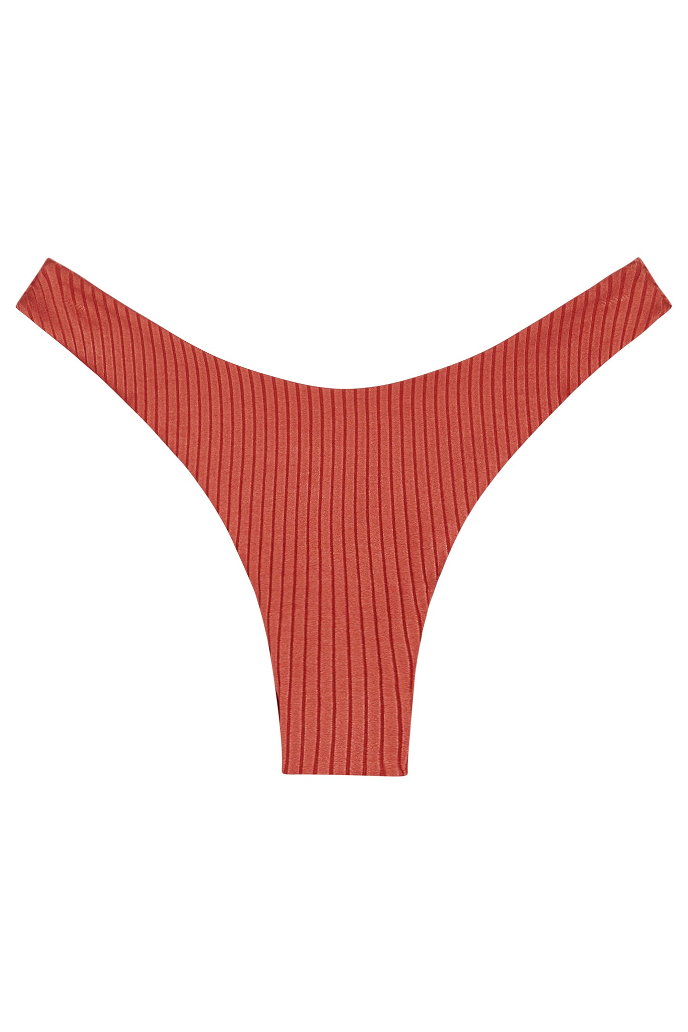 Rust-red ribbed high-cut thong bikini bottom on white background