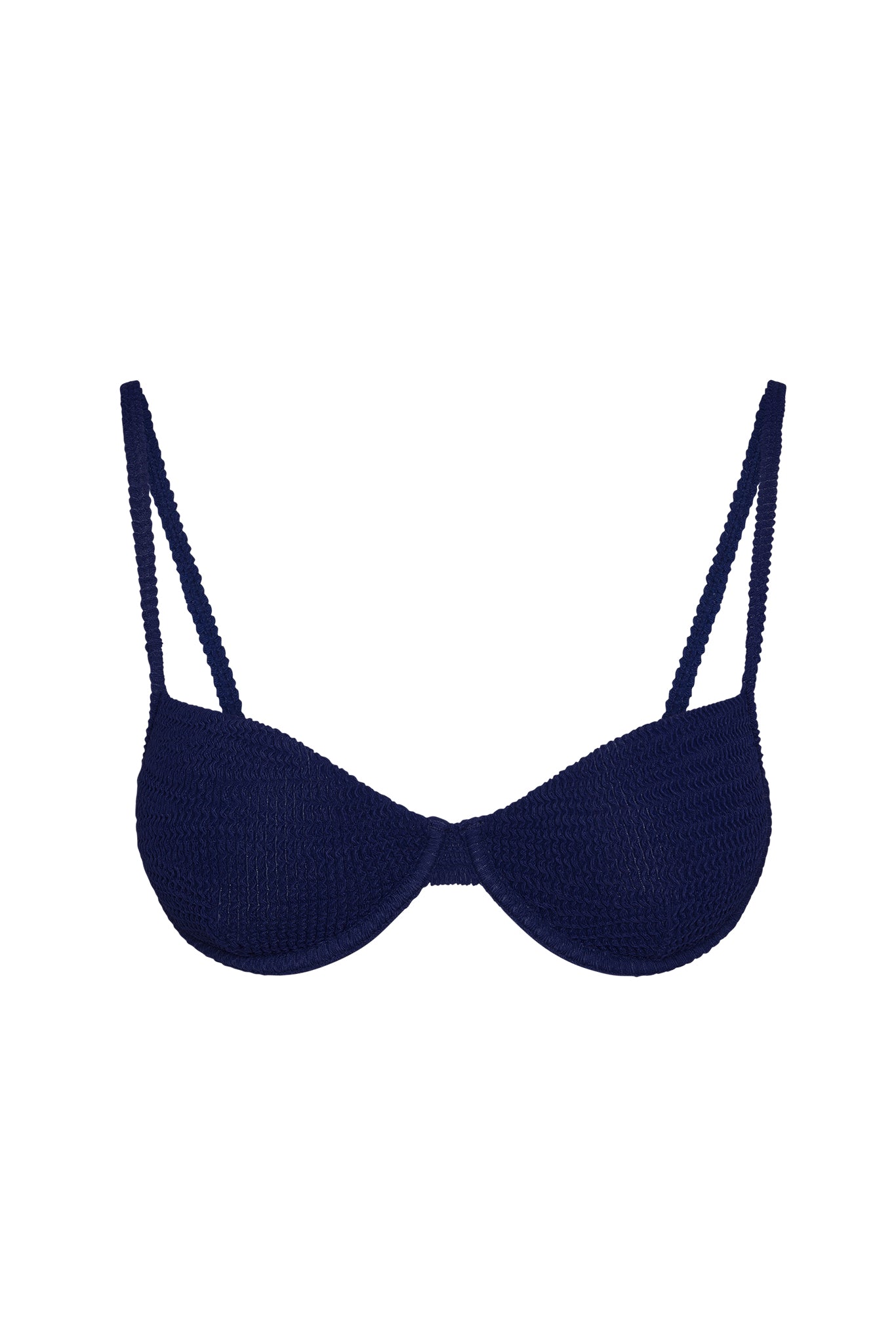 Navy blue textured underwire bikini top with thin double straps, front view on white background