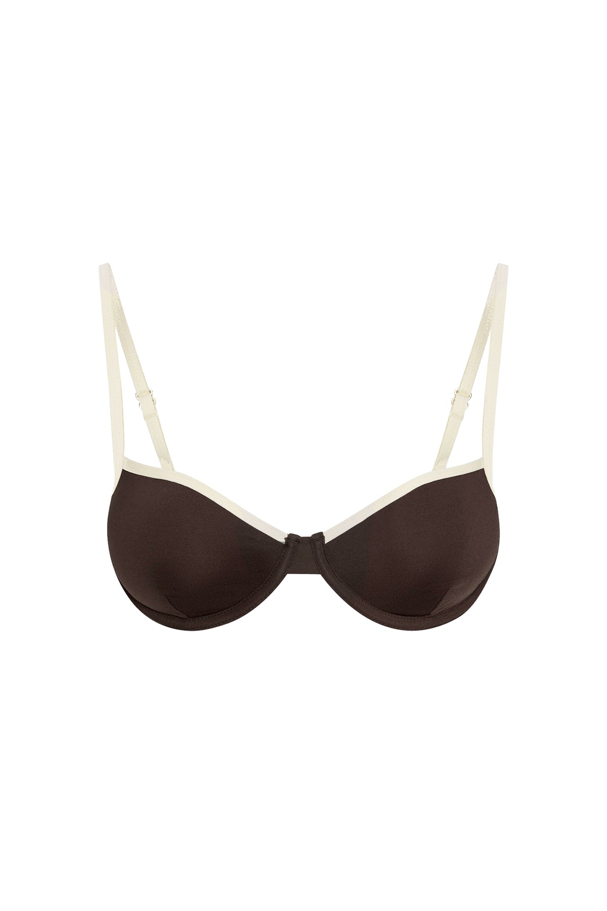 Front view of Capri Top in espresso and ivory showcasing underwire cups, adjustable straps, and contrast trim on white background
