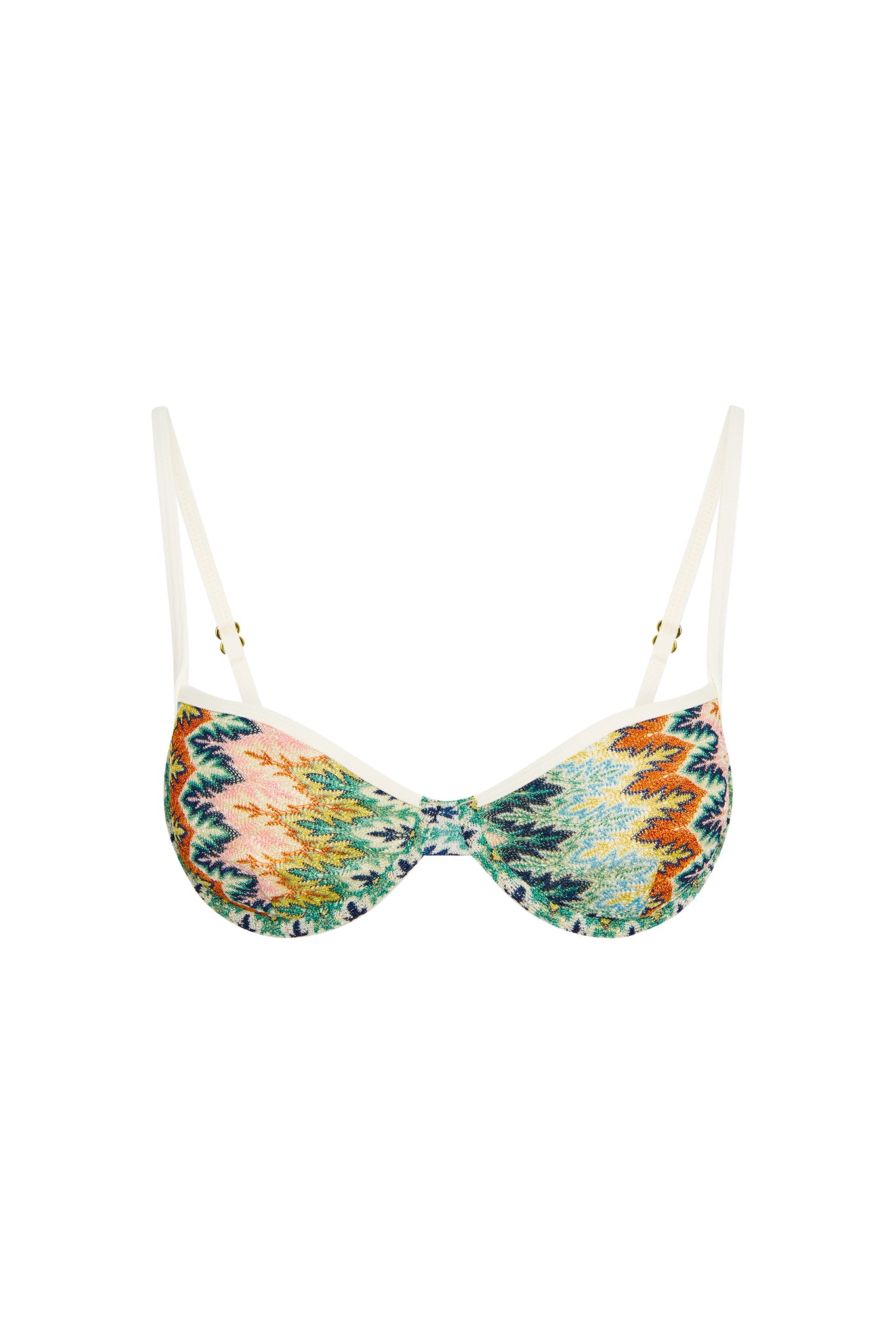 Front of Capri Color Block Top Porto Cervo Multi with underwire cups, adjustable straps, colorful ikat print on white