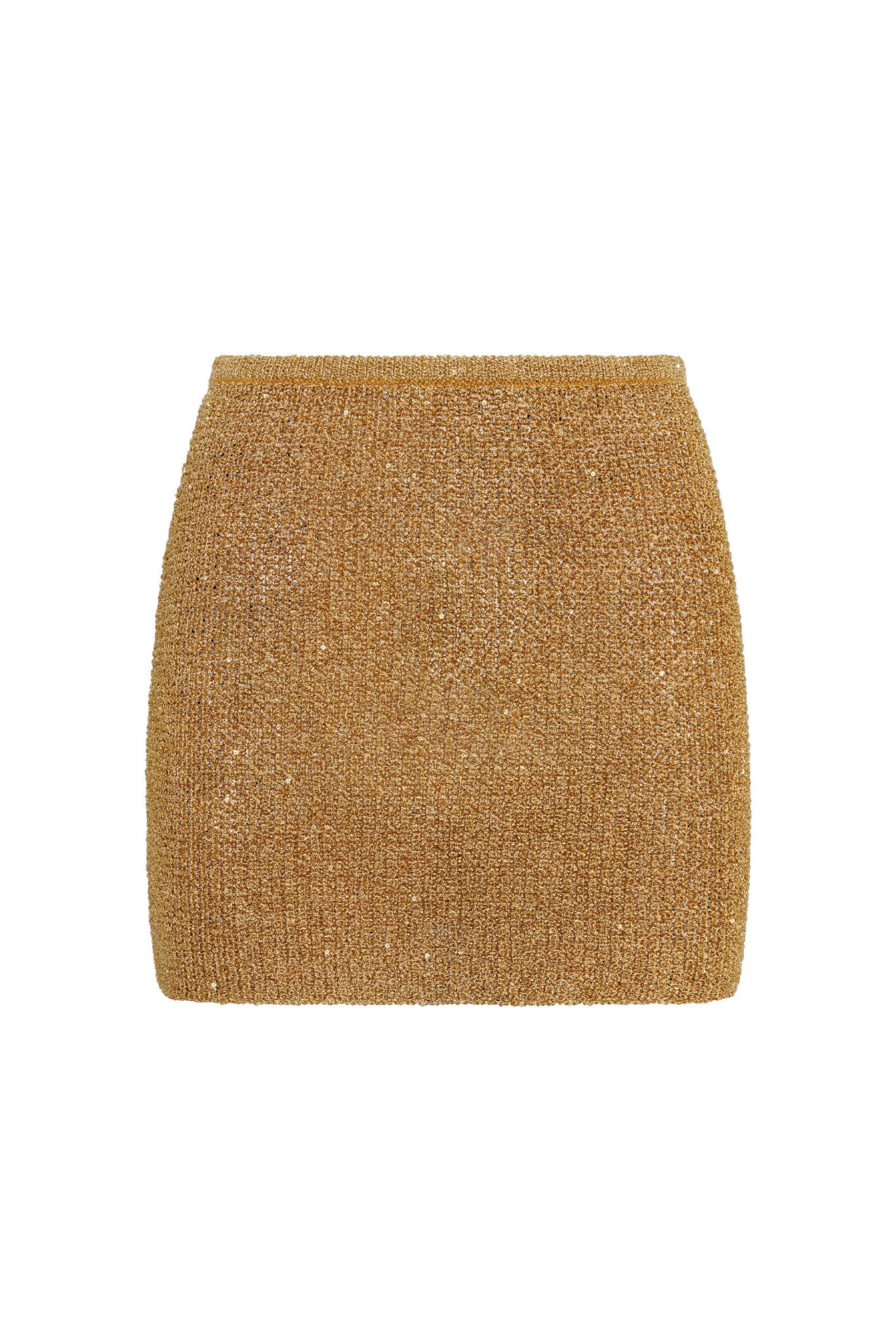 Gold sequin knit mini skirt, straight silhouette