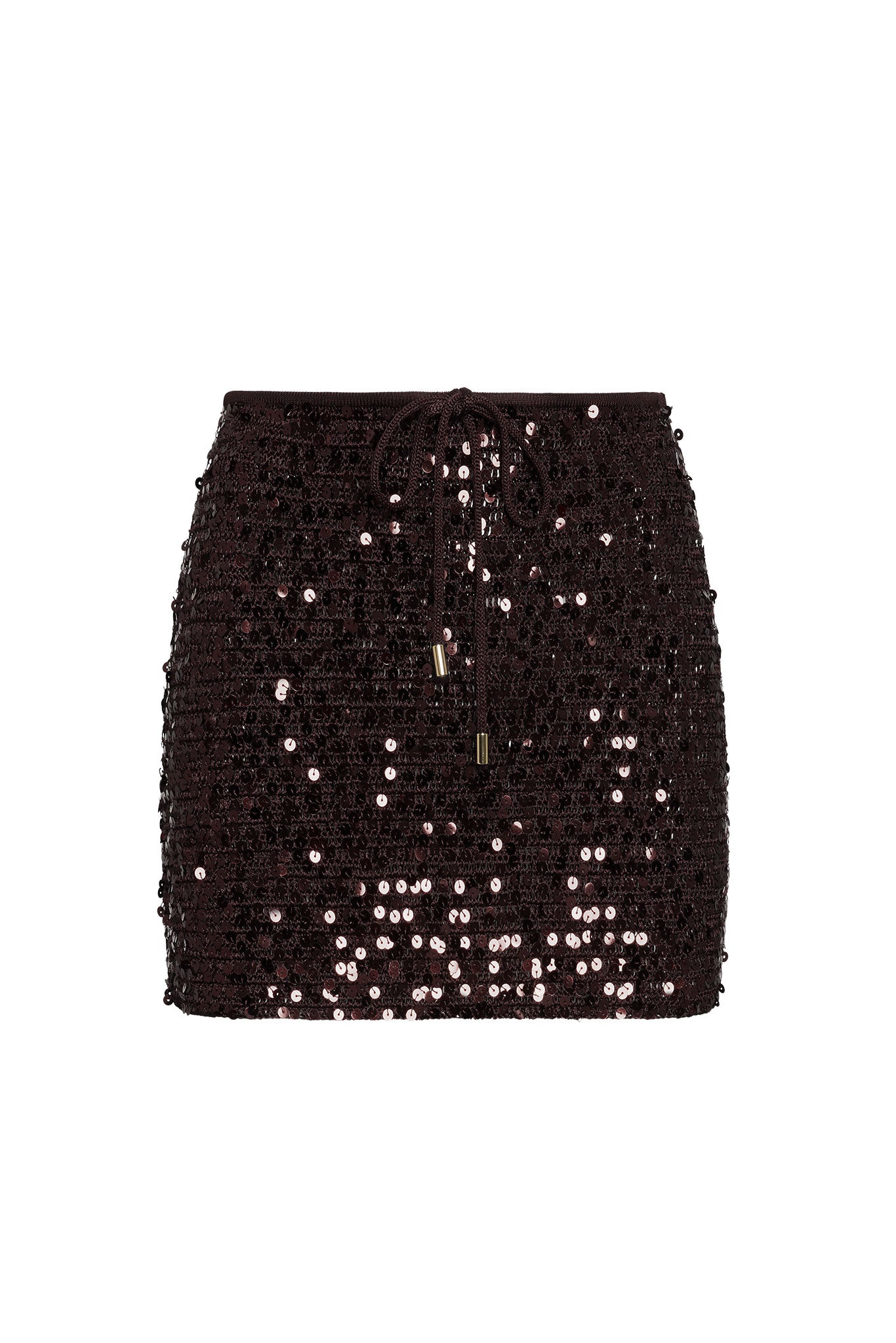 Dark burgundy sequin mini skirt with front drawstring and gold metal aglets