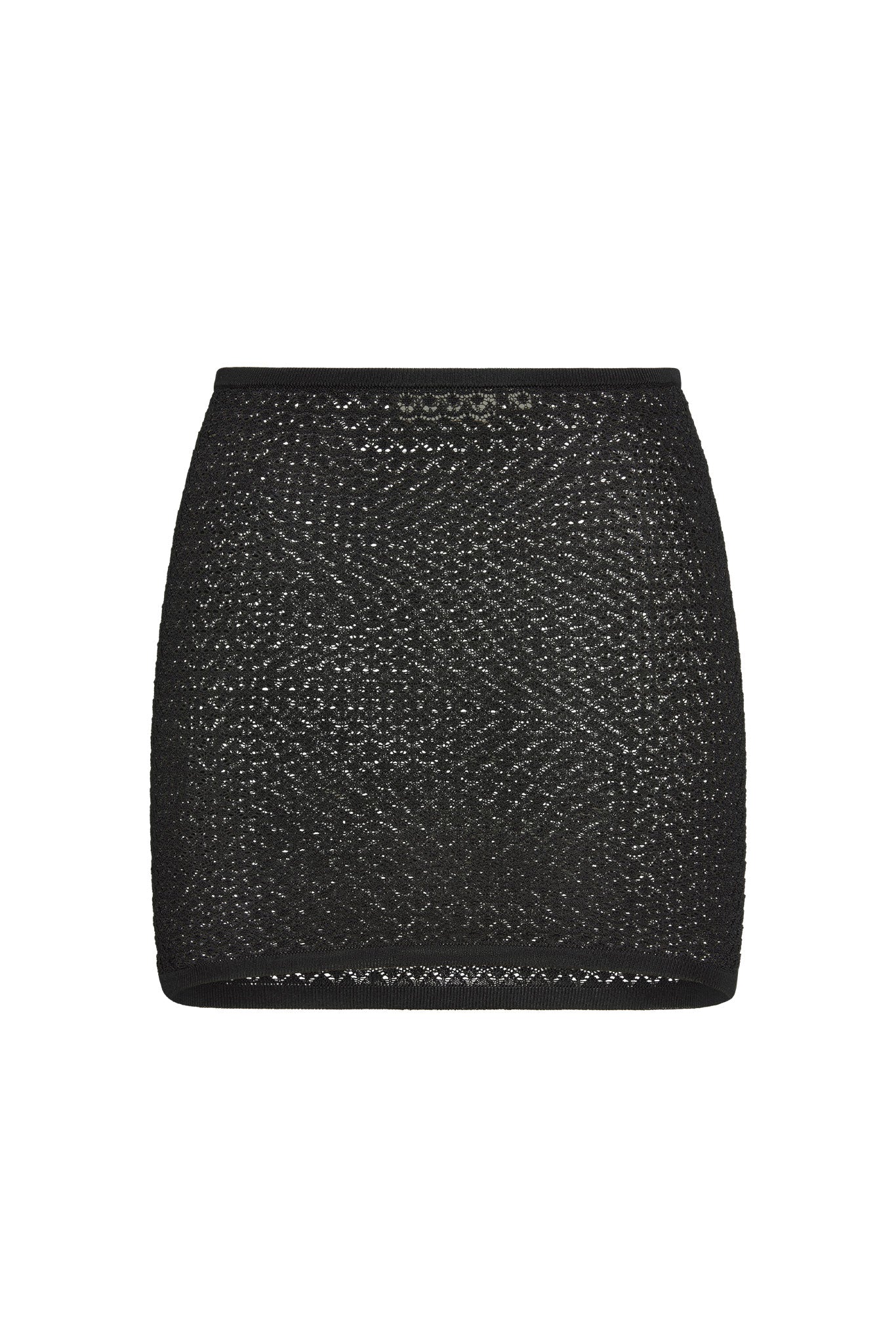 Black crochet lace mini skirt with elastic waistband and subtle scalloped hem
