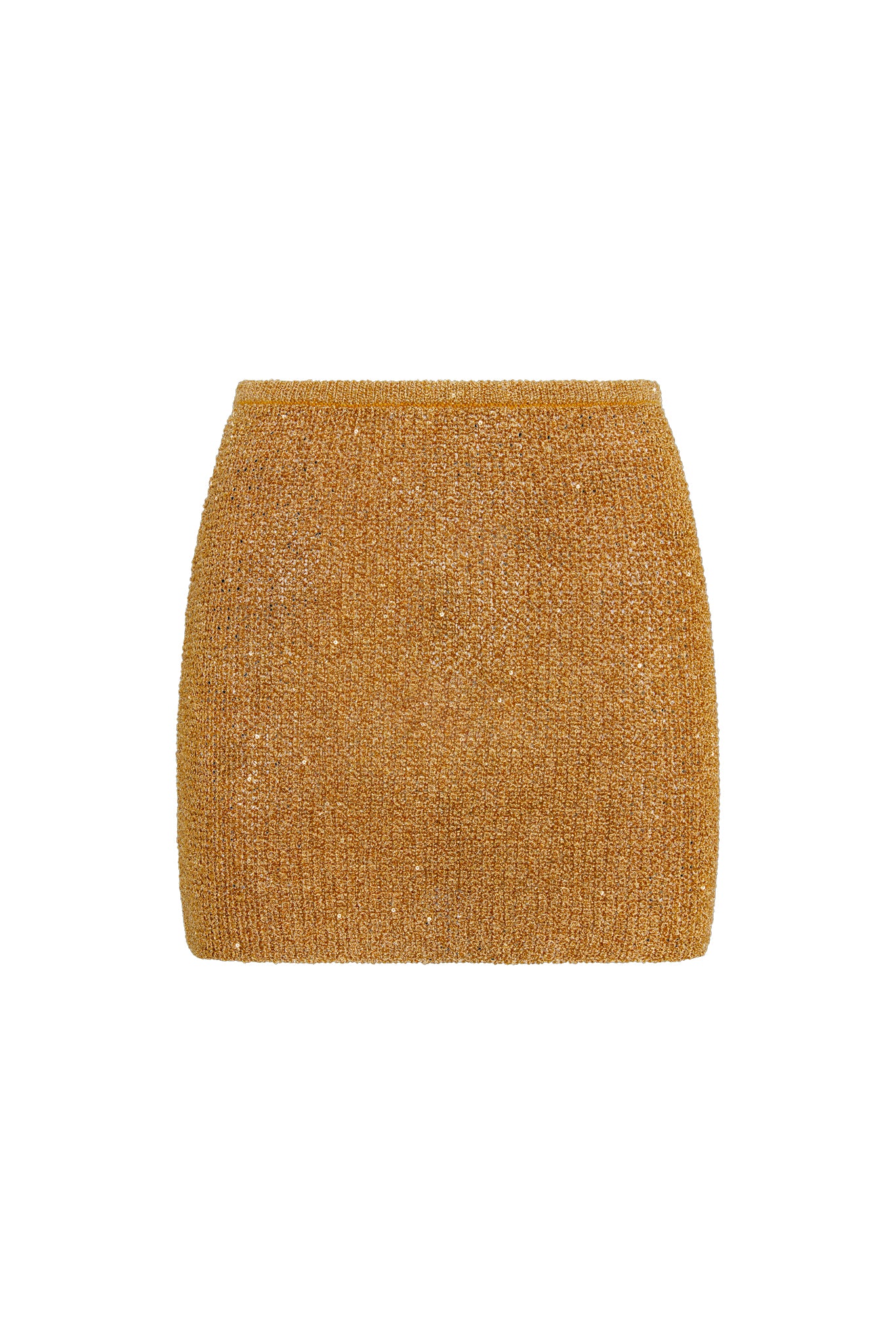 Front view of Cartagena micro skirt, antique gold sequin knit, fitted mini silhouette on white background
