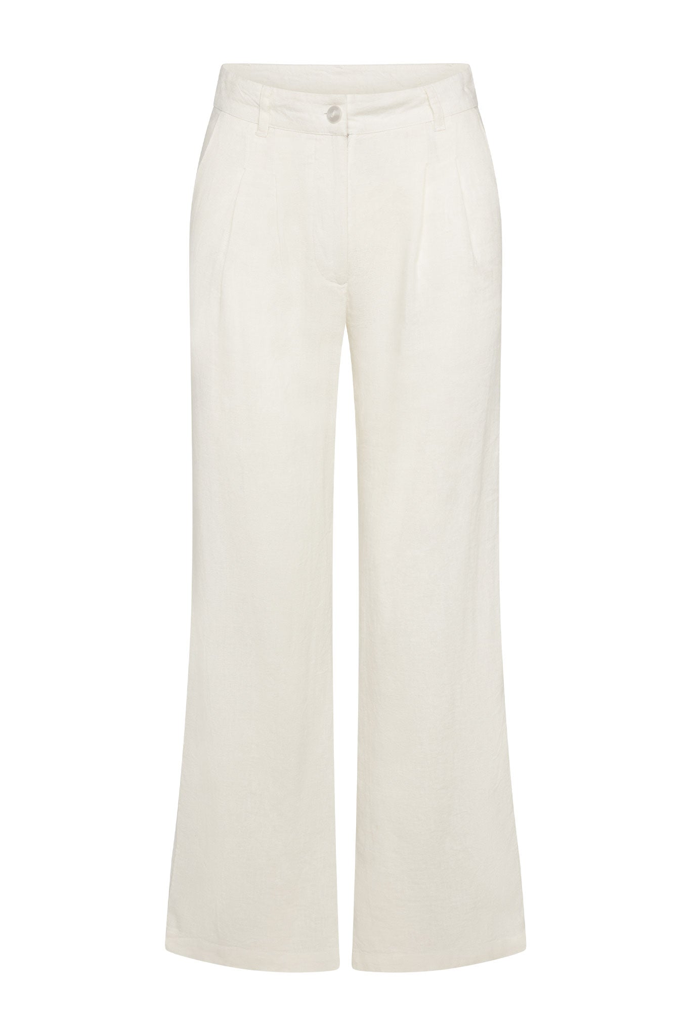 Cream wide-leg linen trousers with front pleats, belt loops and single-button waist