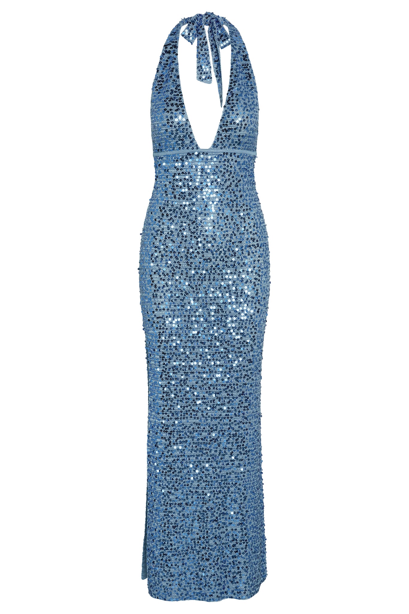 Blue sequined halter-neck floor-length gown with deep V neckline and tie at the neck