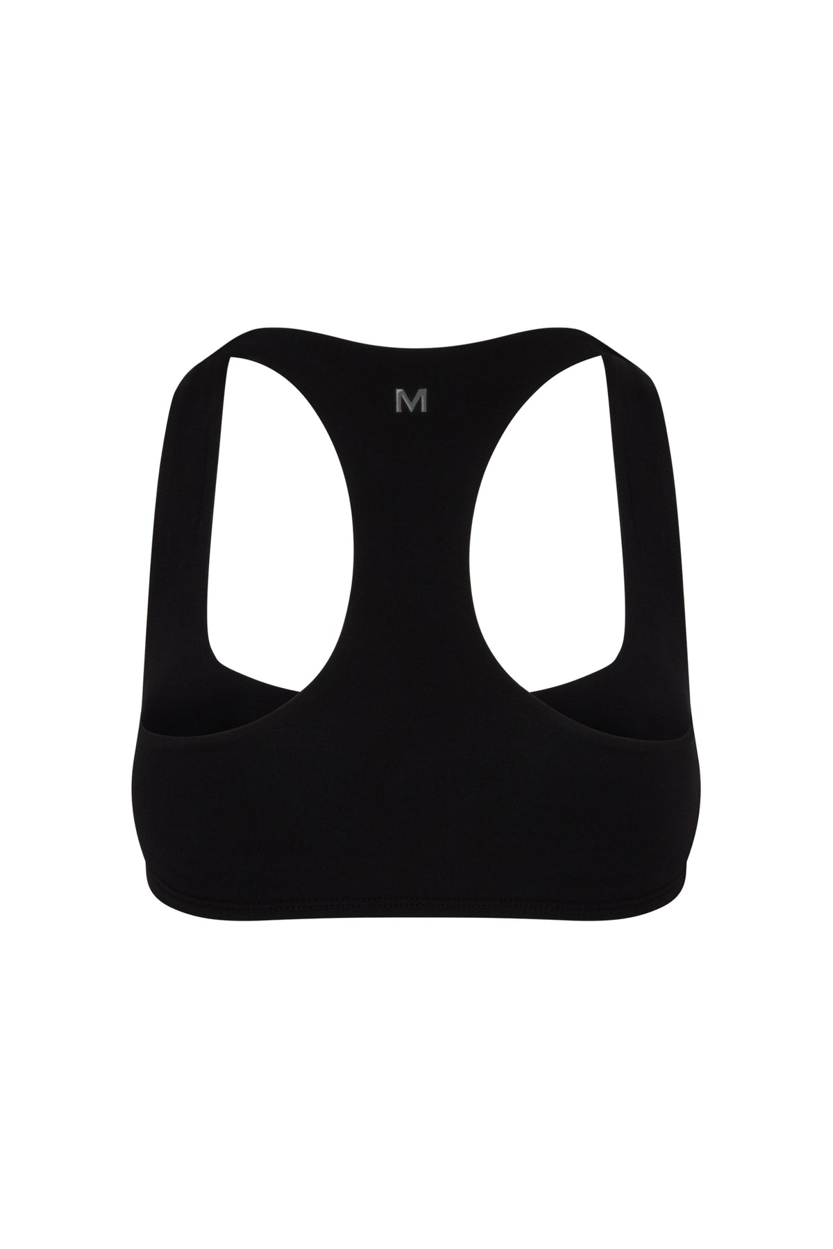 Back view of black Central Park Bra showcasing racer-back design with white background