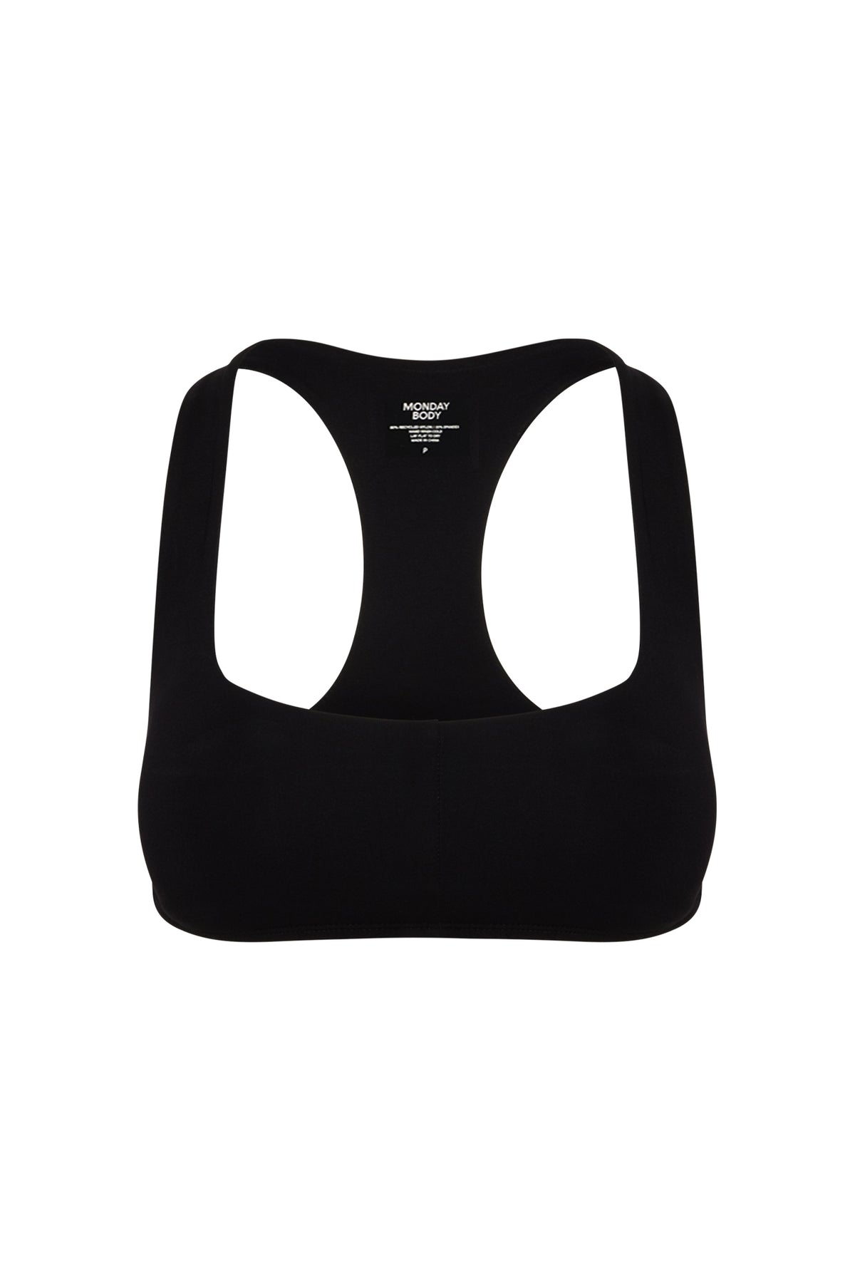 Back view of the black Central Park Bra showcasing its racerback design and elastic underband against a white background
