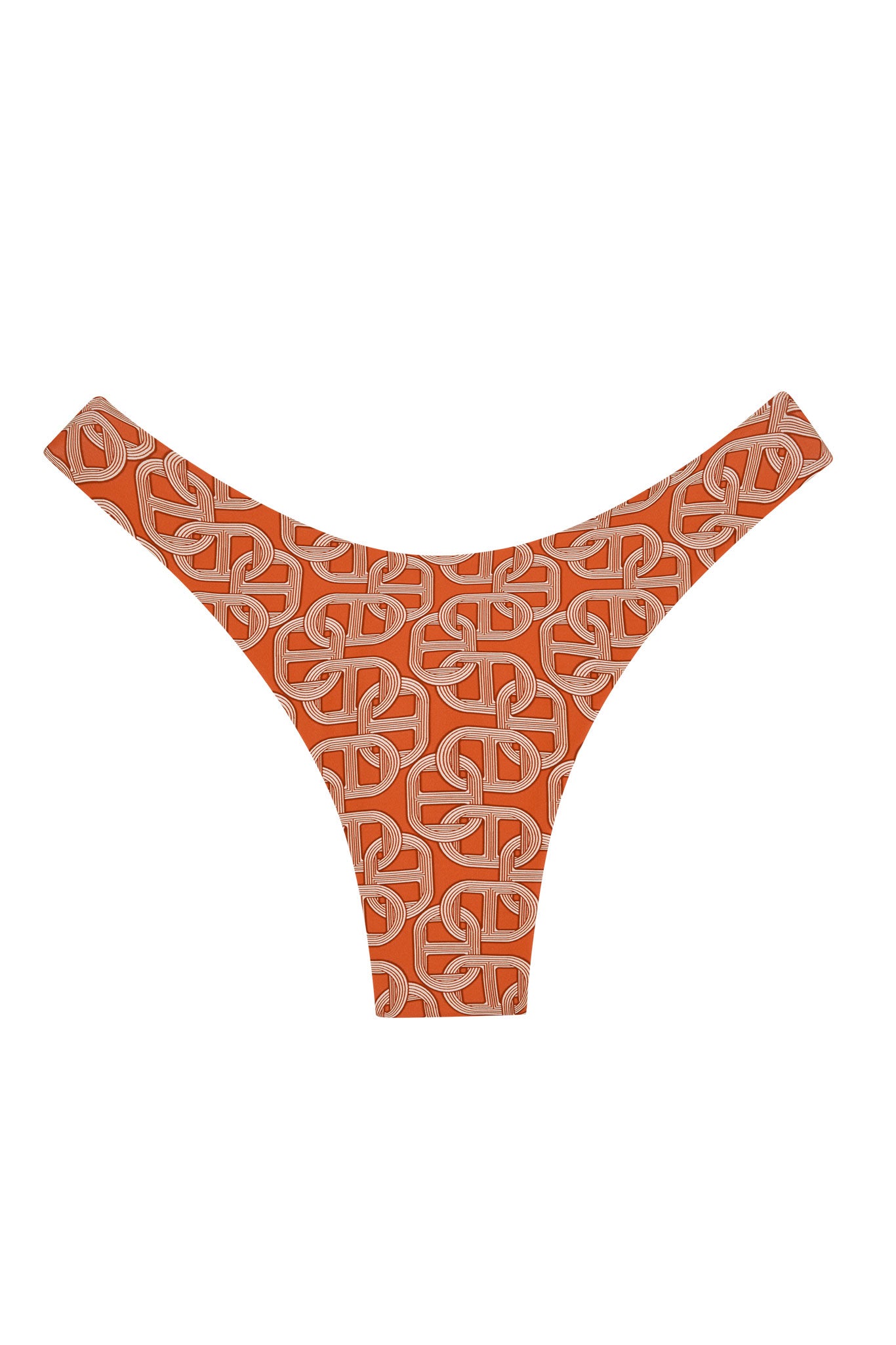 Orange thong bikini bottom with white interlocking chain-link pattern