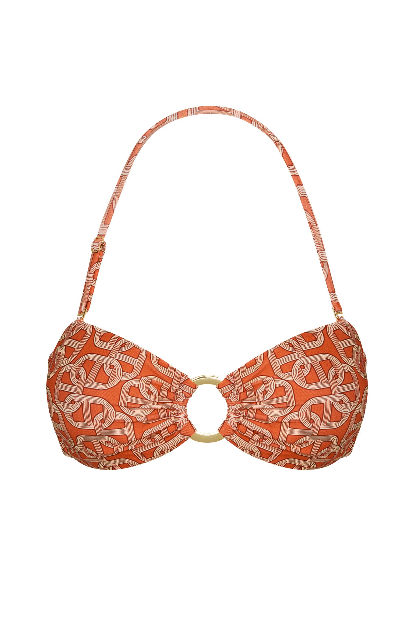 Orange patterned bandeau bikini top with adjustable halter strap and gold center ring