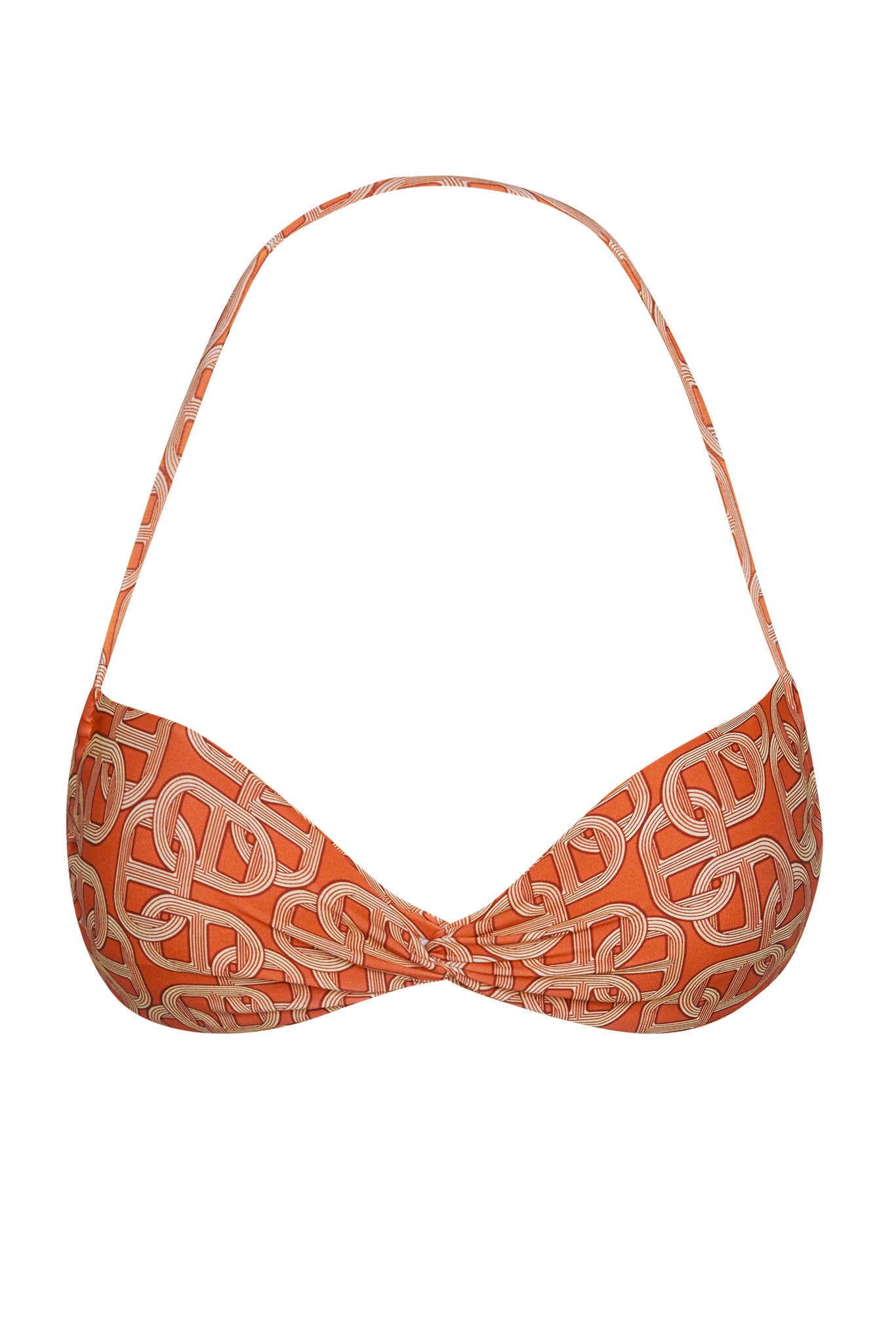Orange halter bikini top with twisted center and cream interlocking chain-print pattern.