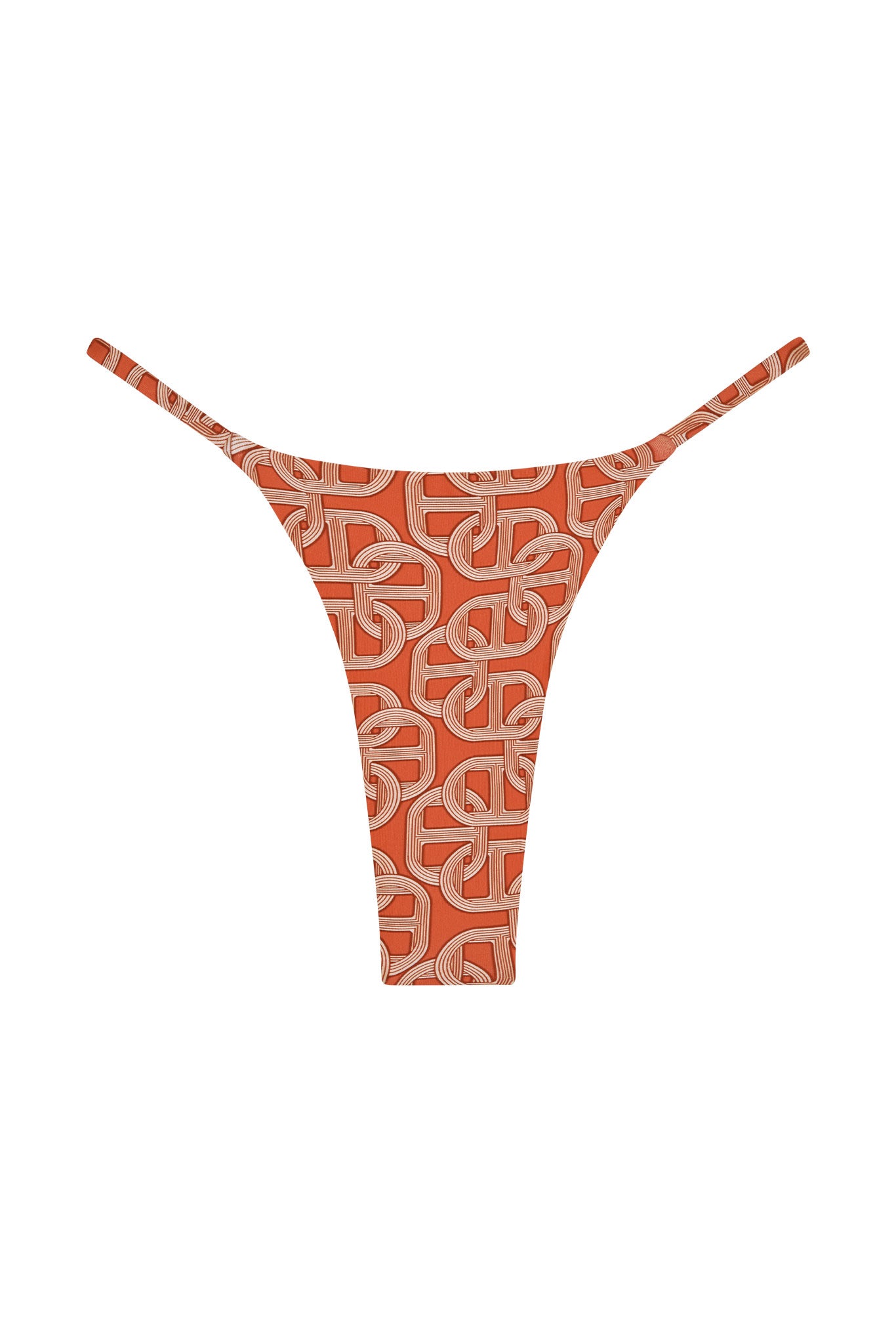 High-cut rust-orange thong bikini bottom with a cream interlocking chain pattern