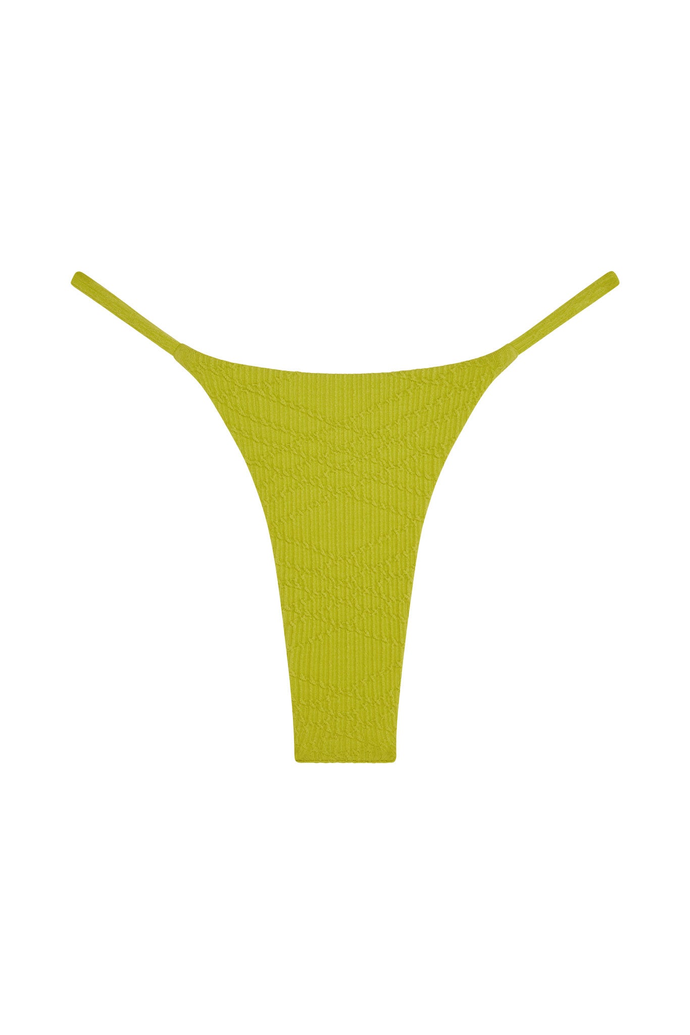 Lime green textured bikini thong bottom with narrow side straps on white background.