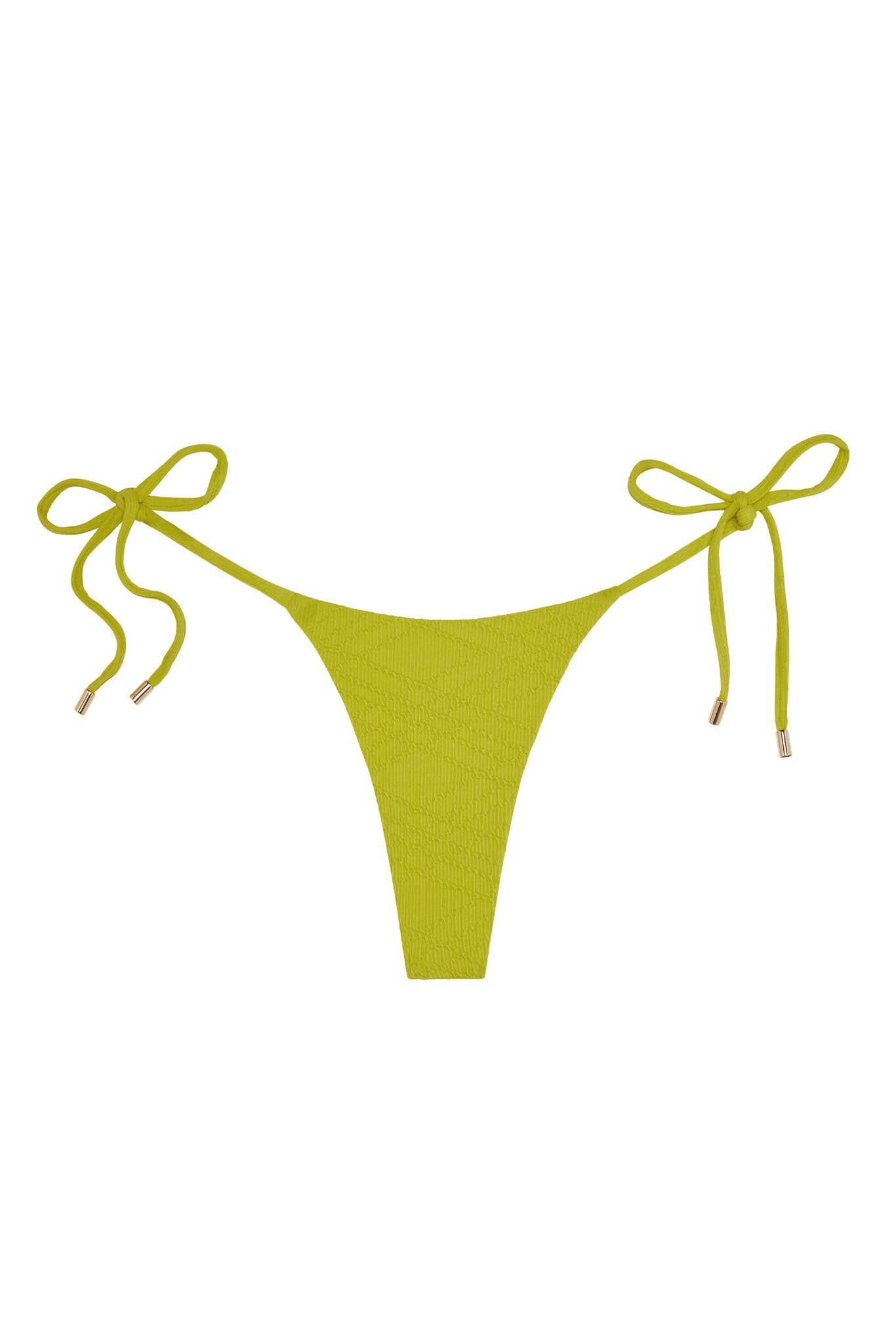 Chartreuse textured triangle bikini bottom with side-tie strings and gold-tipped ends.