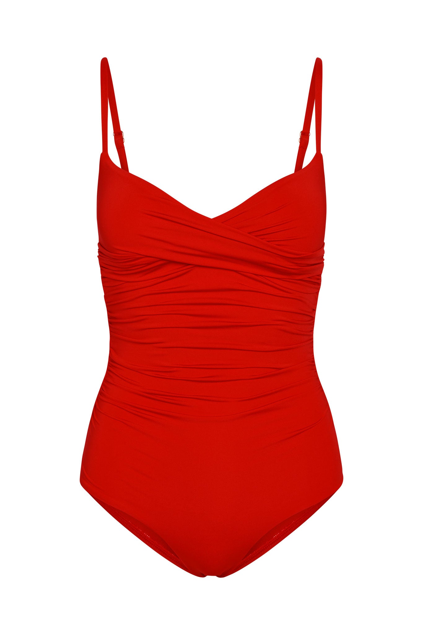 Red ruched one-piece swimsuit with adjustable thin shoulder straps on white background.